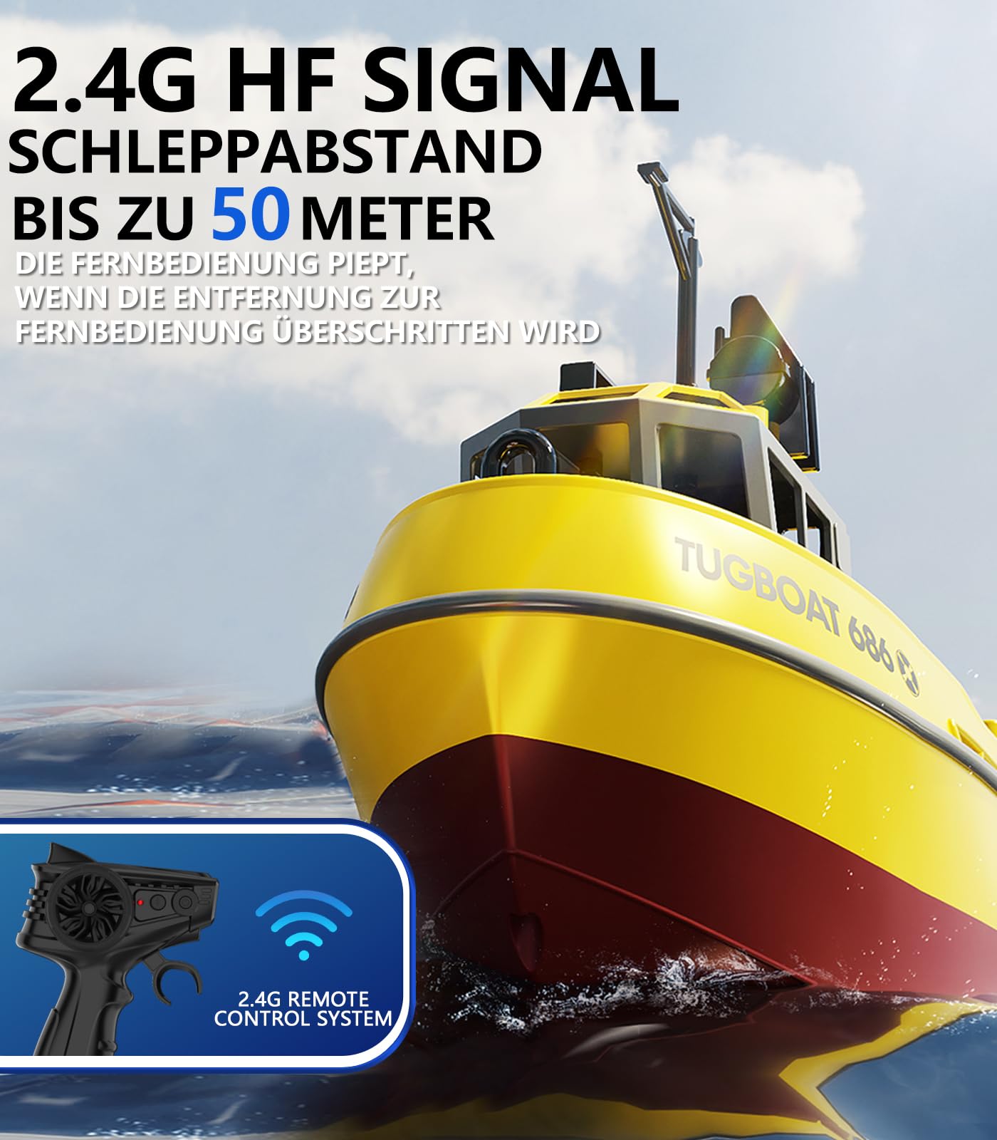 fisca Barco de control remoto - 1/72 Barco RC de alta velocidad para piscinas y lagos, remolcador RC con 40 minutos de tiempo de juego y recordatorio de batería para niños y adultos (Amarillo)