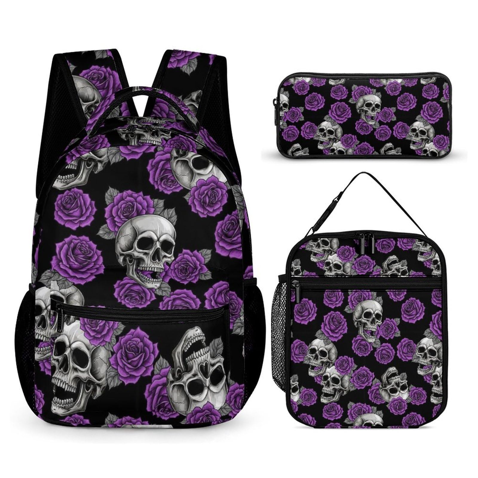 Ensemble sac à dos Purple Rose Skull avec boîte à lunch et trousse de maquillage