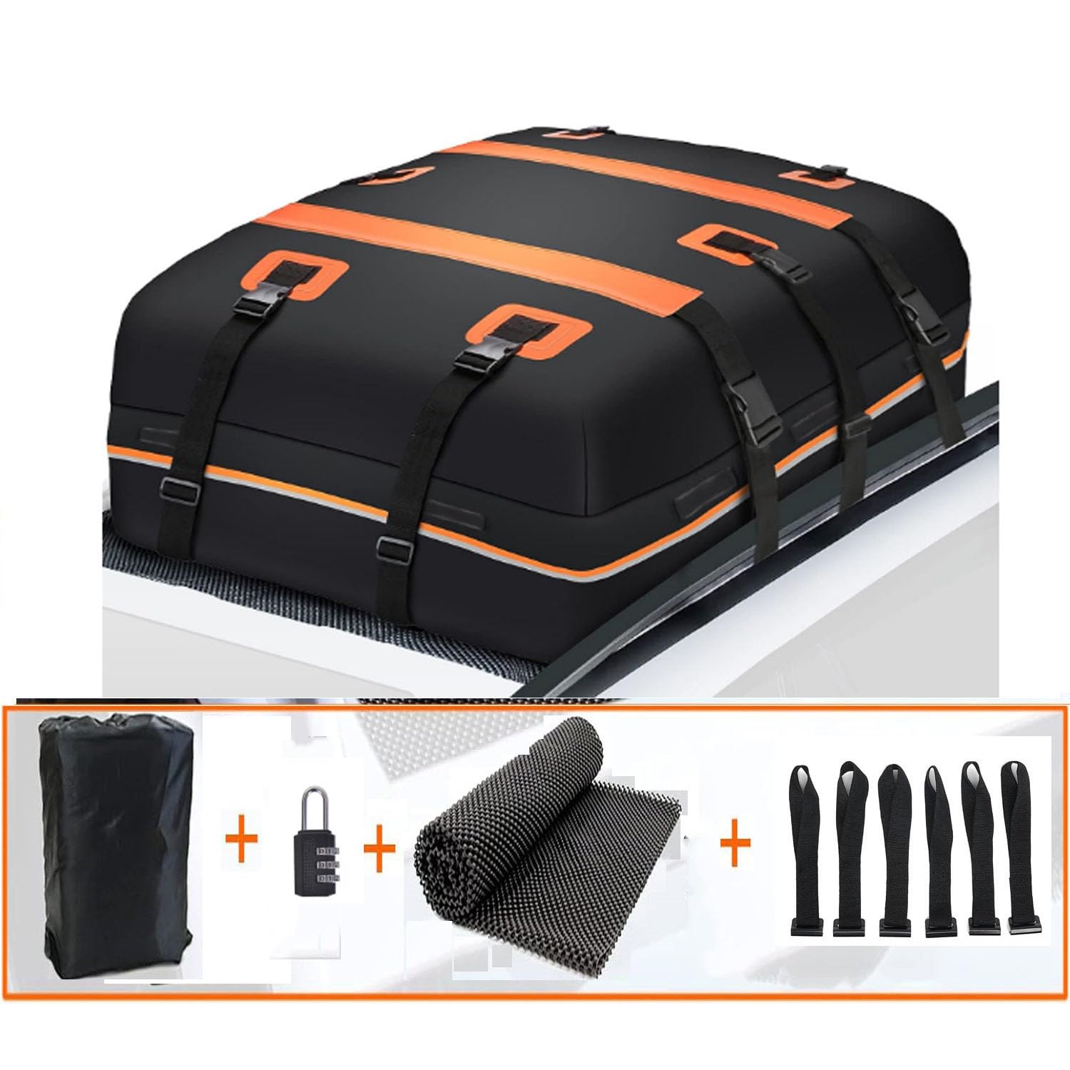 Borsa da Tetto per Auto per VW Tiguan Touareg Touran Atlas Golf Caravelle Sharan Variant,Cubi di Borsa da Tetto Impermeabile Resistente allo Strappo Pieghevole Tetto Box,A-Black with Orange