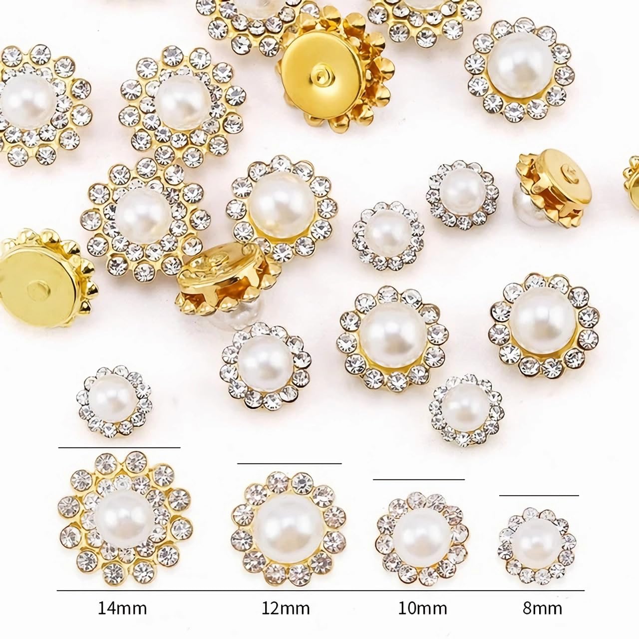 100pcs Sew on Pearls Rhinestones Crystal Gems Glass Sun Flower Jewelry with Gold Claw Mixed 8mm 10mm 12mm 14mm Sewing Flower Claw for Sewing Dress, Clothes, Shoes, Wedding Accessories(19 Pearl) - 2