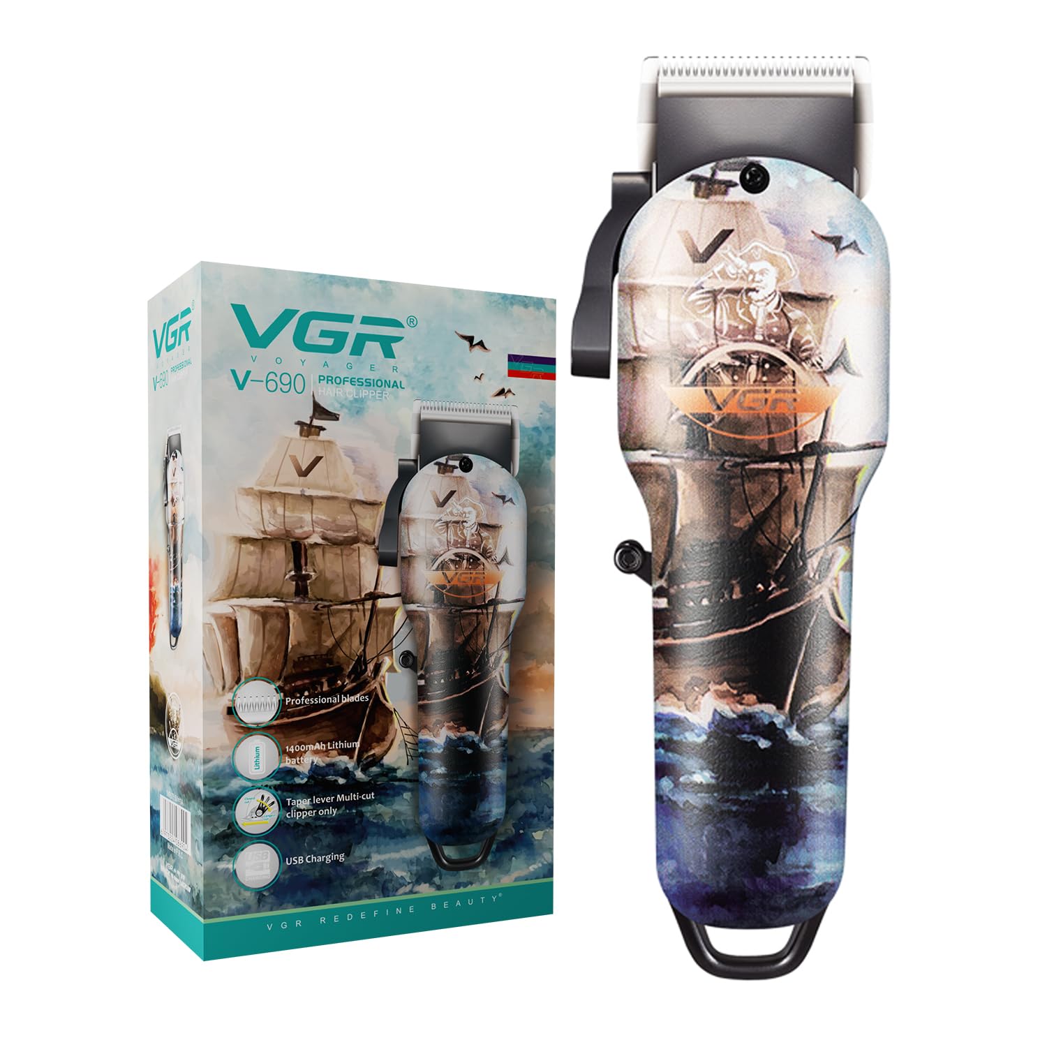 VGR V-690 Professional Hair Clipper | Cordless Hair Clipper for Men’s | Runtime: 150 min (Pirate Print)-image-14