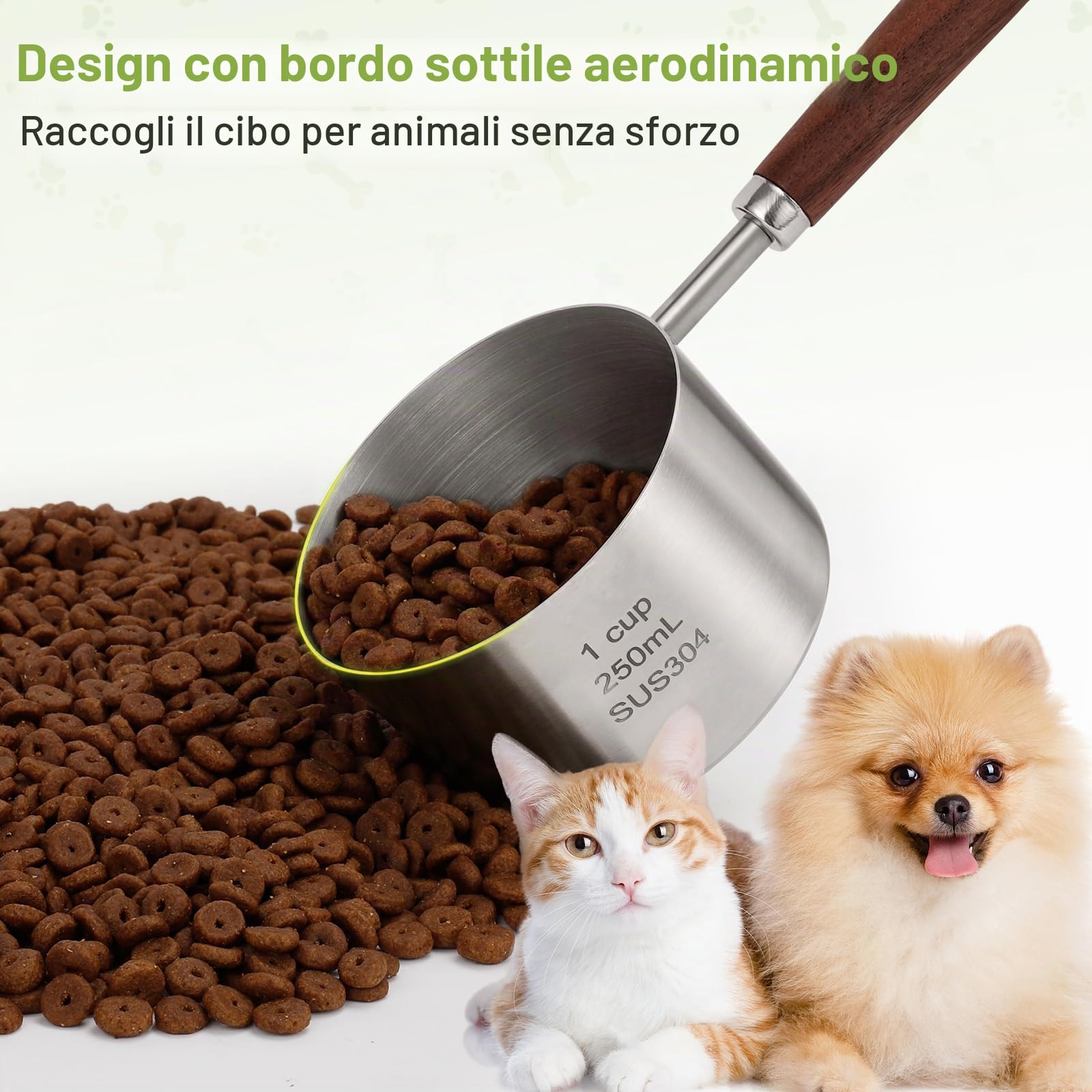 Misurino per cibo per cani e gatti, in acciaio inossidabile 304. Capacità di 1 tazza. Misurazioni della scala di precisione