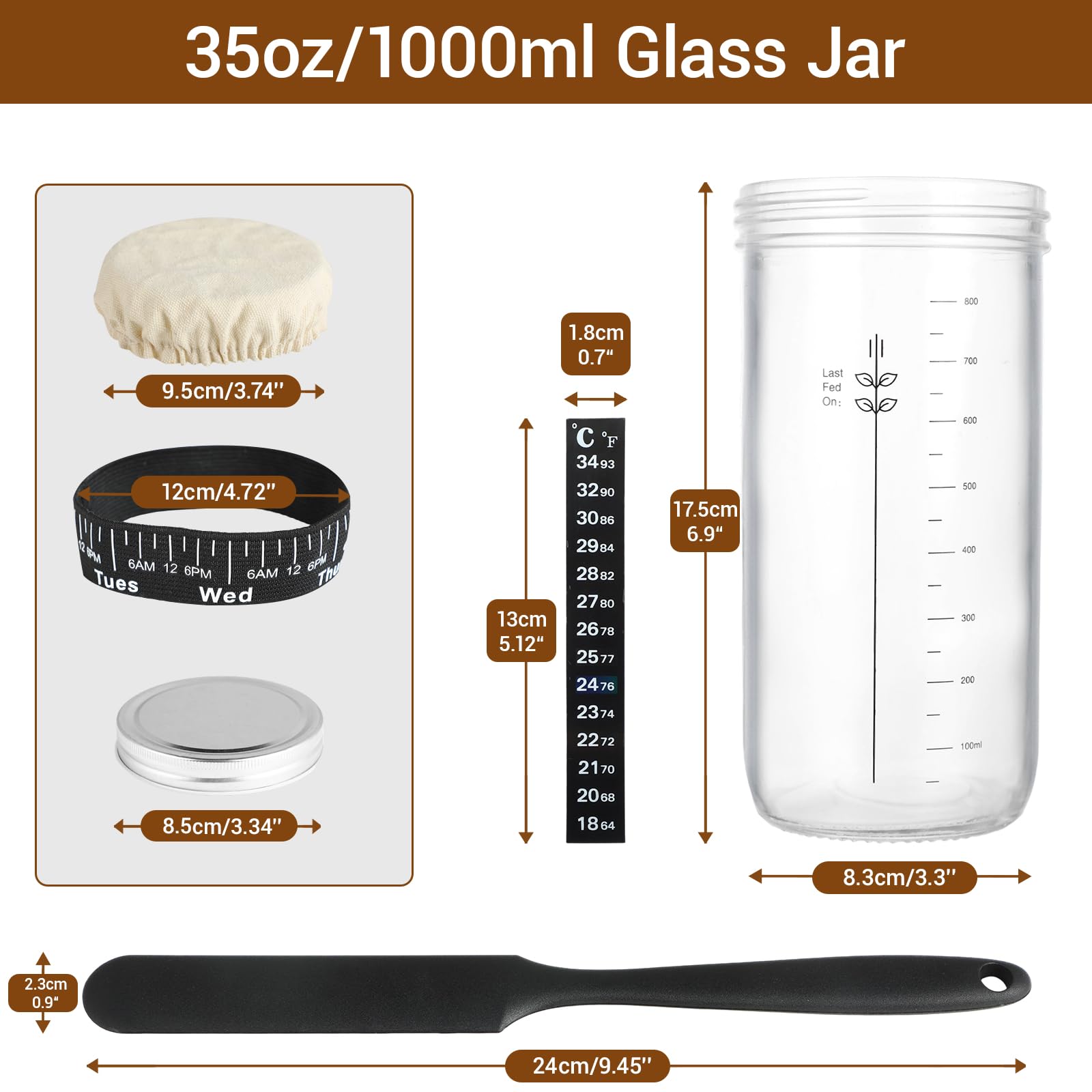 35 uncji/1000 ml słoik fermentacyjny, słoik fermentacyjny z termometrem, szpatułką silikonową, aluminiową pokrywką i taśmą do karmienia wielokrotnego użytku