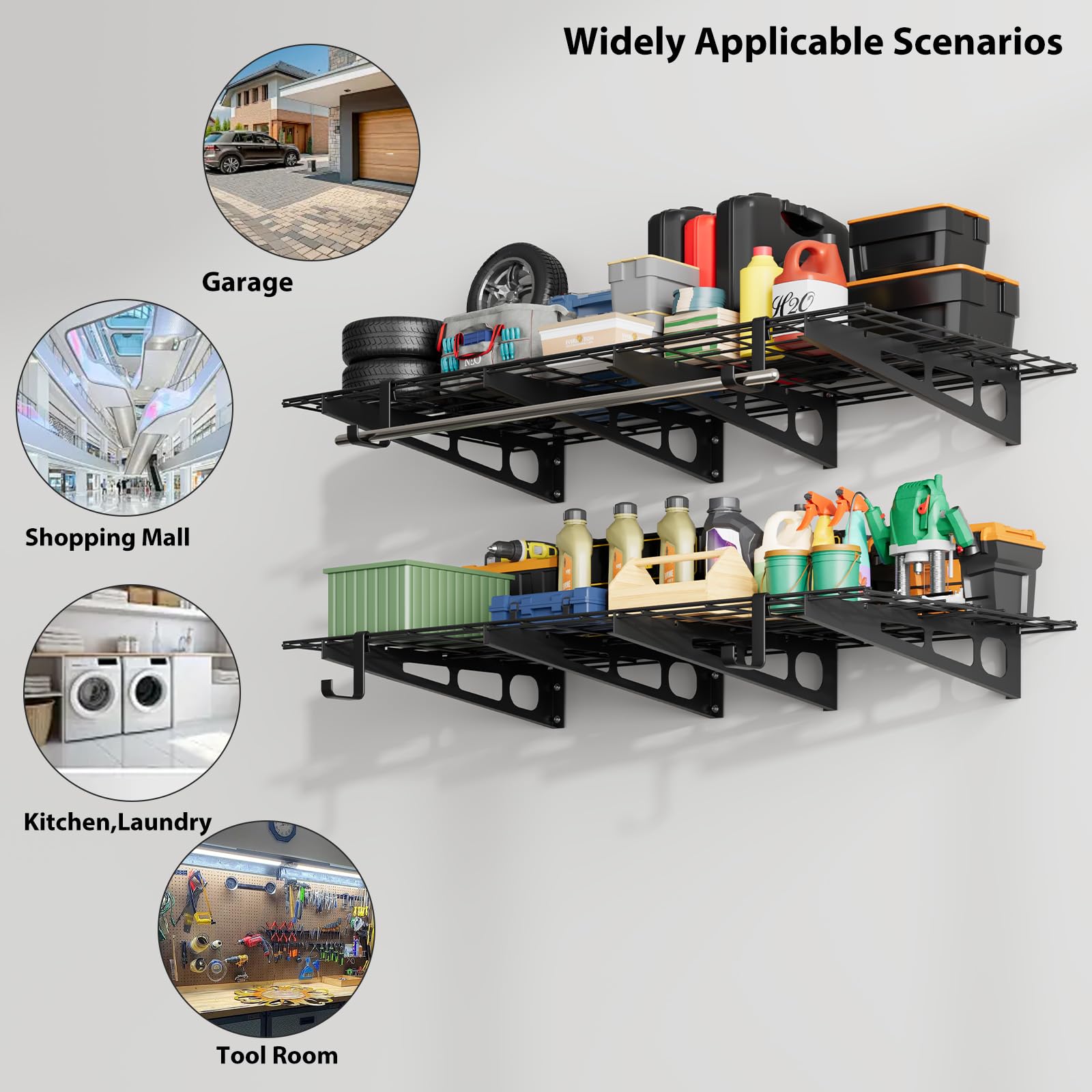 Set 2 Mensole Porta Attrezzi Da Parete Per Garage – Scaffali Industriali in Metallo, Portata 800kg – Ideale Per Officina, Magazzino, Cantina – Organizzazione Spazi, 2x4/2x6 ft