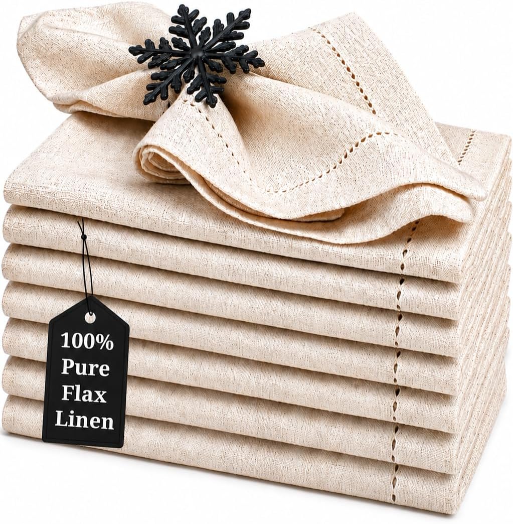 100% Pure Linen Cloth Napkins (Set of 8, 18x18) Servilletas De Tela para Mesa Elegantes, De Lino, para Bordar A Mano, Tortillas - Blancas Pastel Beige Cream | Cocktail, Wedding, Thanksgiving, Easter