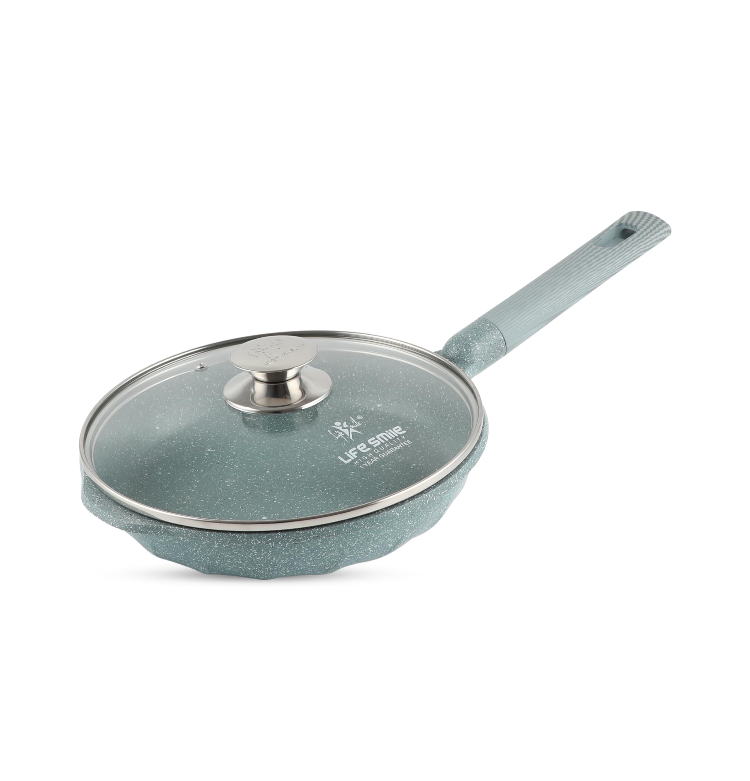 LIFE SMILEFrying Pan With Lid - Multi Layer Granite Coating Fry Pan | Non Stick, 100% PFOA FREE | Heat-Resistant Handle Hanging Loop | Induction bottom (20 CM (1 Liters), Cyan)