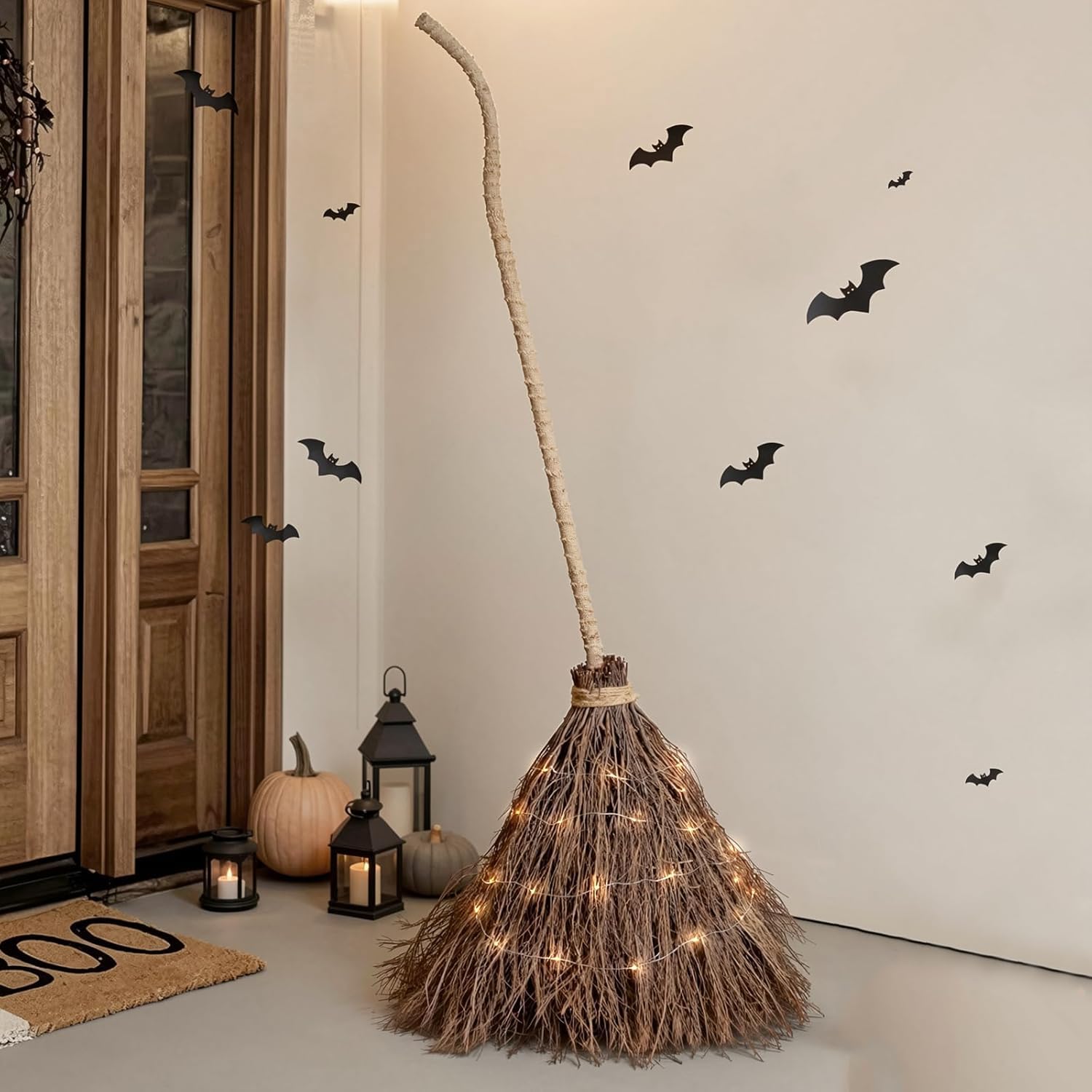 Halloween Decorations - Fall Decor - 6FT Giant Lighted Witch Broom, Handmade Real Twig Witches Broom with String Lights, Rustic Indoor Outdoor Halloween Decor for Porch, Yard, Front Door Brown