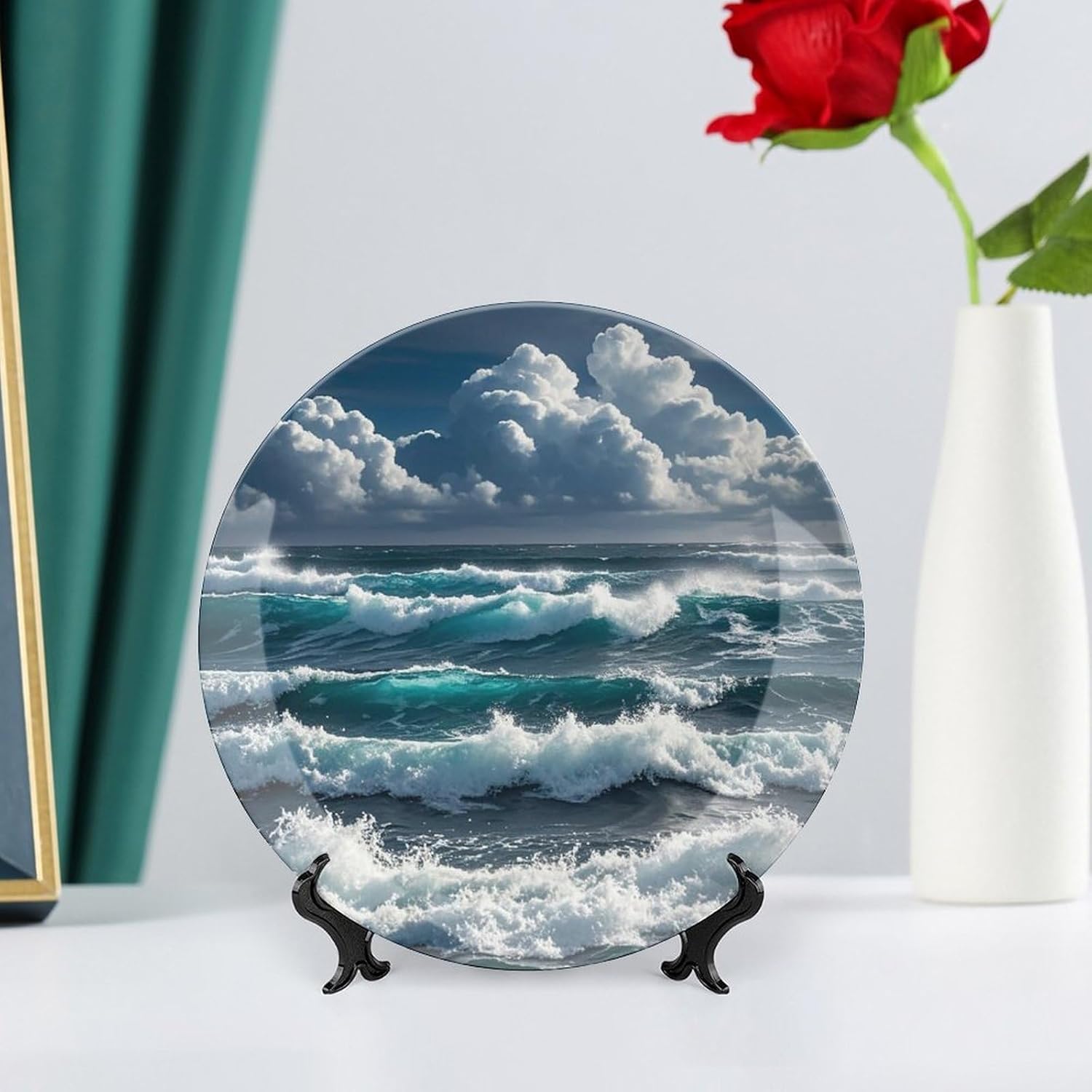 Wild Seas Decorative Ceramic Plate Round Porcelain Plate Decor Personalized Bone China Decorative Plates Ceramic Ornaments Dessert Plates with Display Stand 8inch