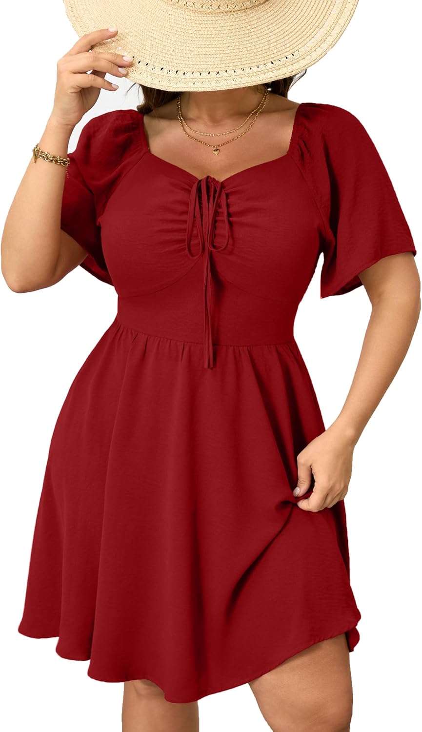 RWJ Women Plus Size Summer Dress Short Sleeve Tie Front Sweetheart Neck Casual Mini Wedding Guest Dresses 2025