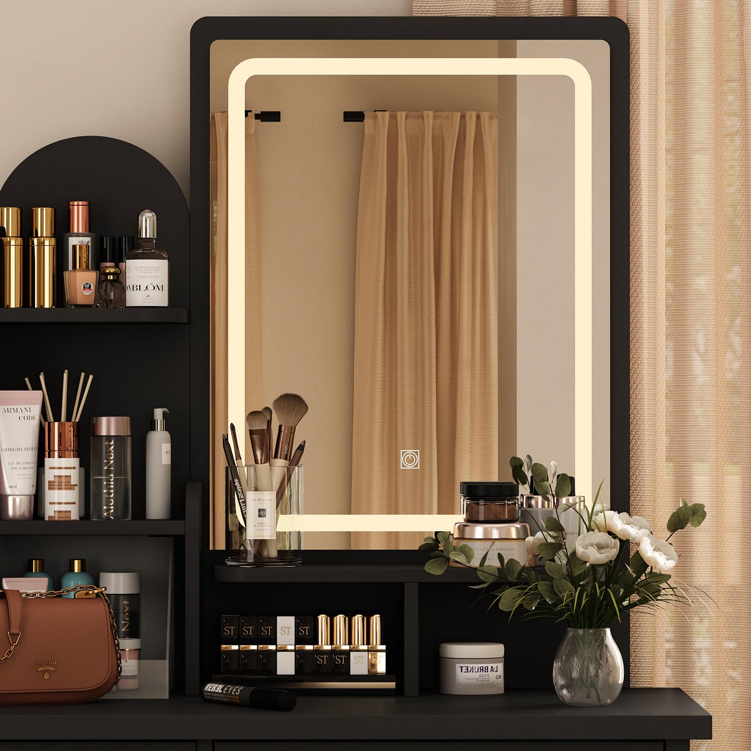 Coiffeuse Pliante Blanche Avec Miroir Et éclairage 3 Couleurs - 2 Tiroirs, MDF, 50x40x82 Cm