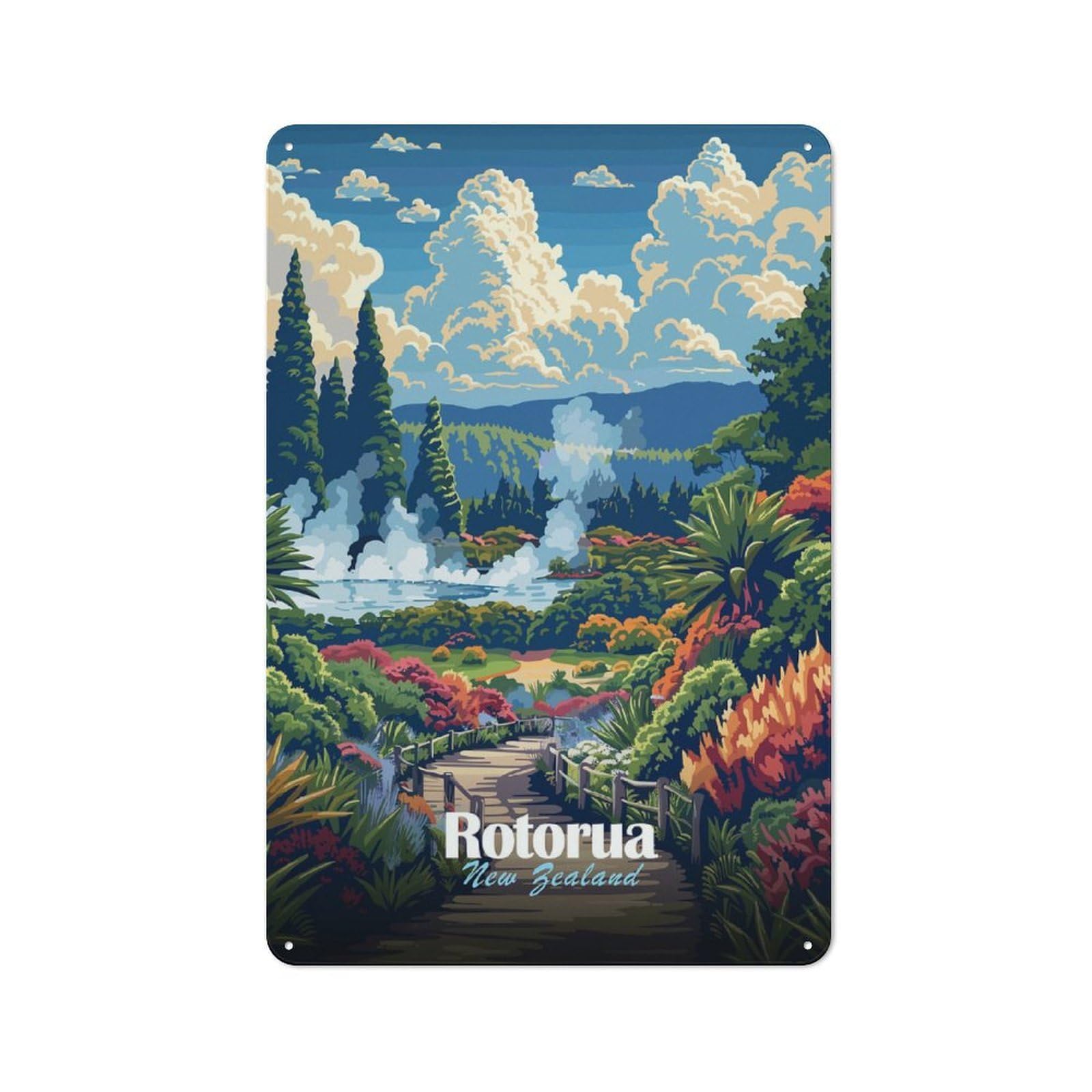 Junmoney Rotorua New Zealand Landscape Art Vintage Tin Sign 30X20cm For Guest Room Or Hallway, Suited To Home Decor Collectors
