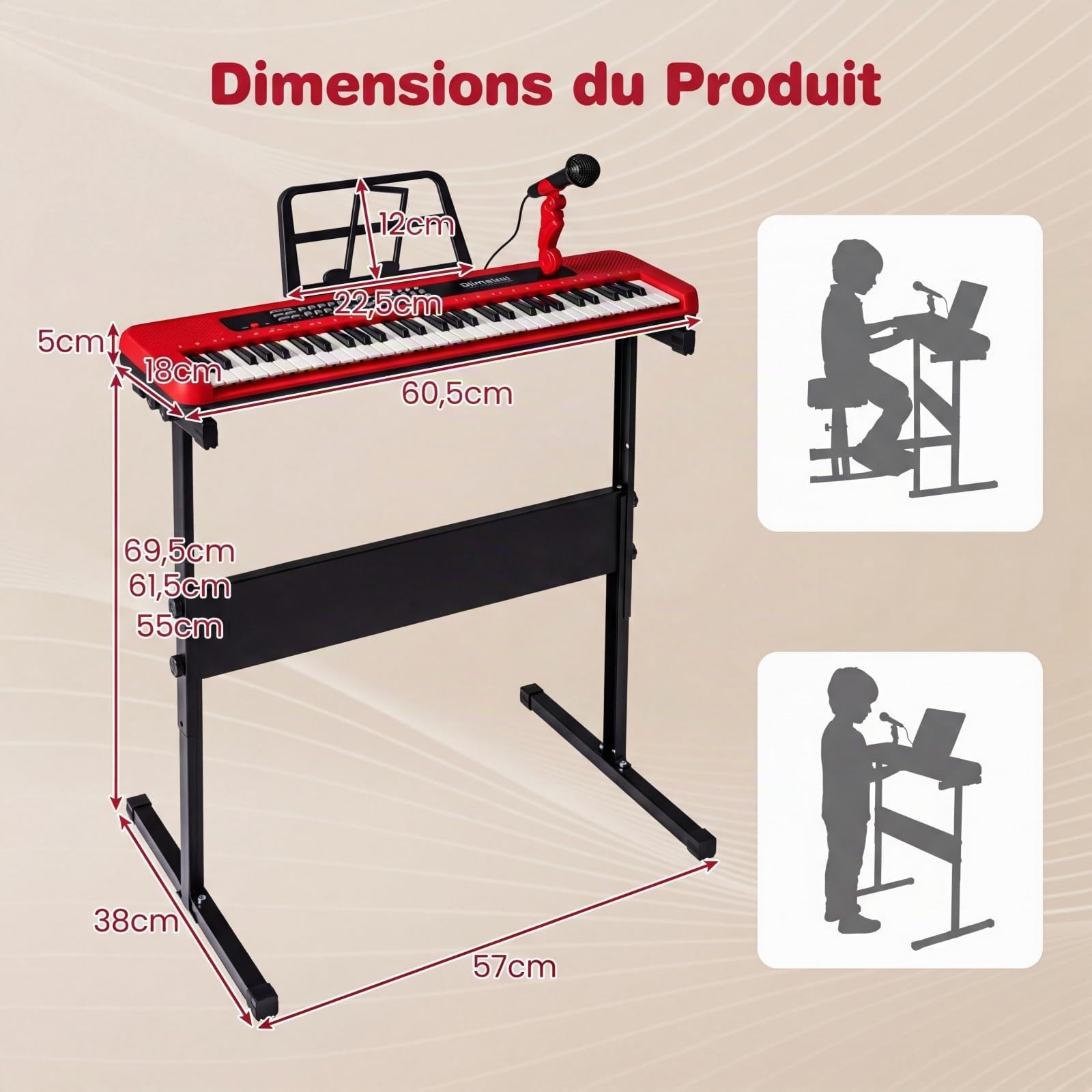 COSTWAY Clavier Piano Enfant 61 Touches avec Microphone et Pupitre, Piano Numérique avec Support Réglable et Amovible, 2 Haut-parleurs, Mode d'apprentissage, Instrument de Musique pour 3 Ans+ (Rouge)