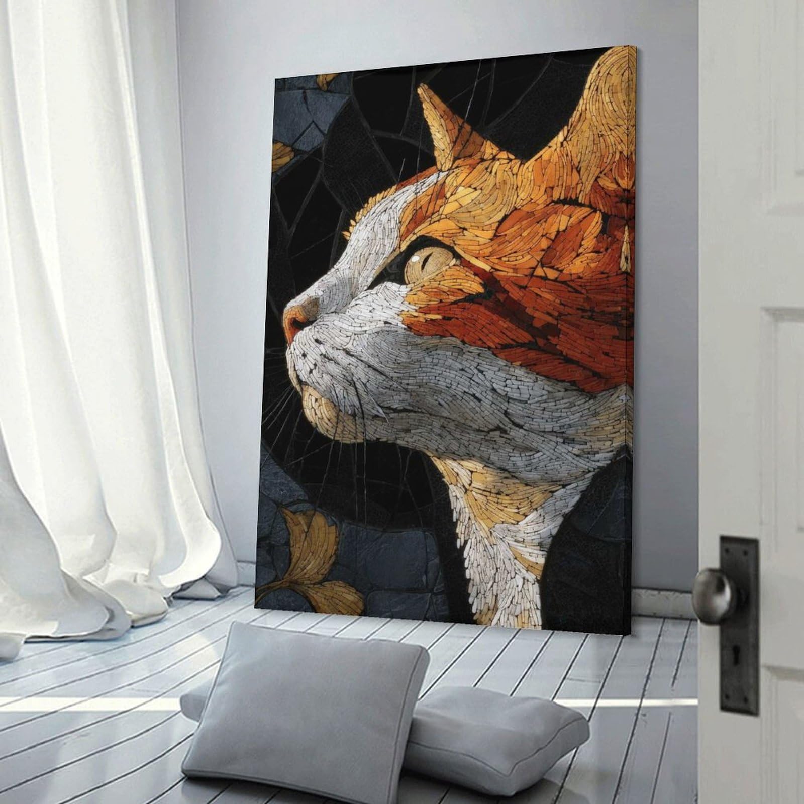 Junmoney Mosaic Cat Portrait Wall Picture Print 24x36inch(60x90cm), for Lounge Decor, Offices Or Entryway Styling, A Flexible Wall Accent for Shared Spaces