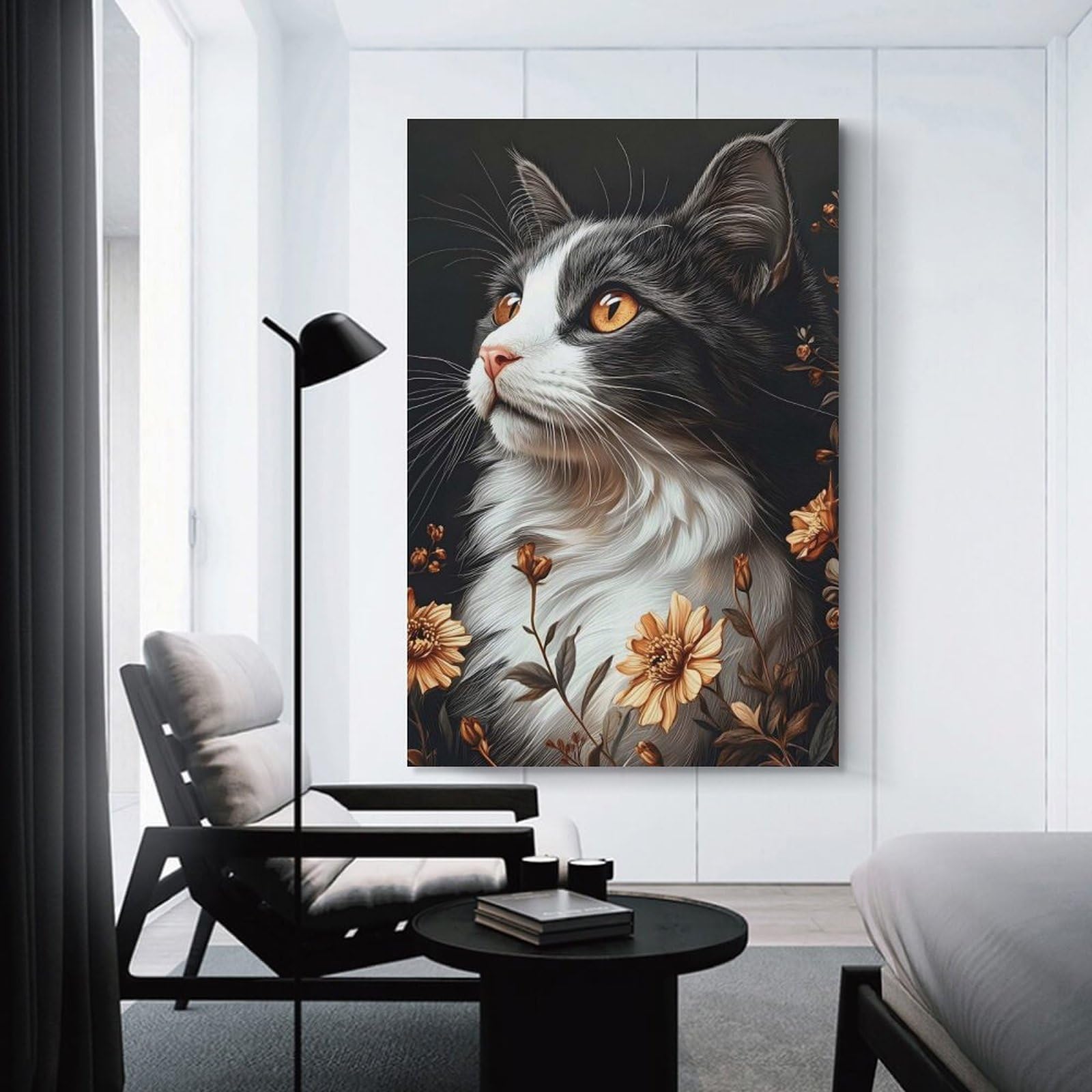 Junmoney Elegant Cat Portrait with Floral Accents Canvas Wall Decor, 16x24inch(40x60cm), for Office, Study Or Home Workspace, Wall Art That Adds Style to Work Areas