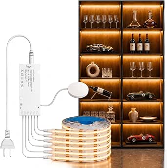 COB LED Strip Lights, 12V Cabinet Light 6 Pcs 3.3FT, Warm, Cuttable, DIY with Hide Touch and Hand Sweep Dimmer Switch Kit for Cabinets and Shelves