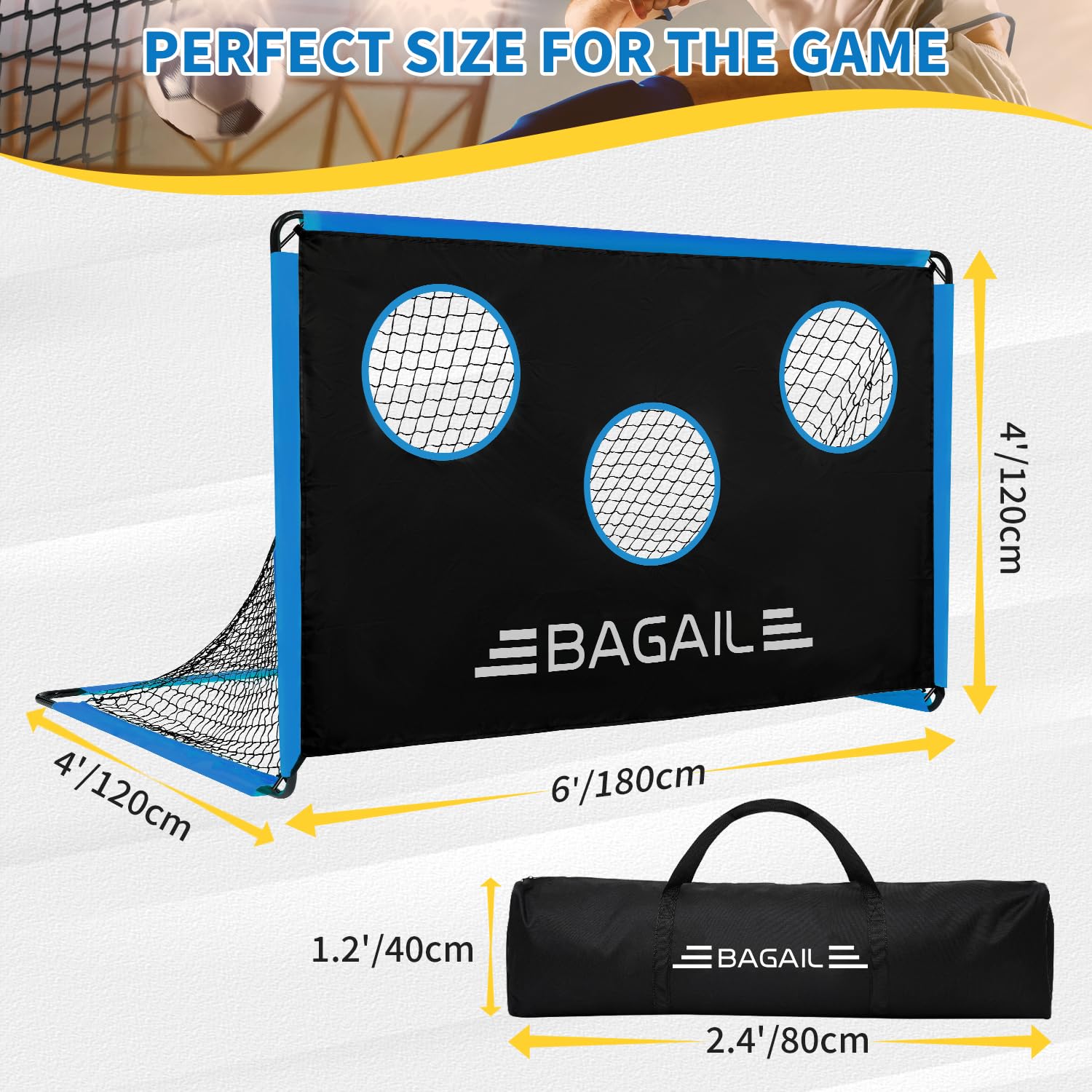 BAGAIL Portería fútbol Mejorada con Diana, diseño 2en1, Incluye Bolsa de Transporte, fácil Montaje, Ideal para Entrenamiento de Tiro y Partidos, 180x120cm