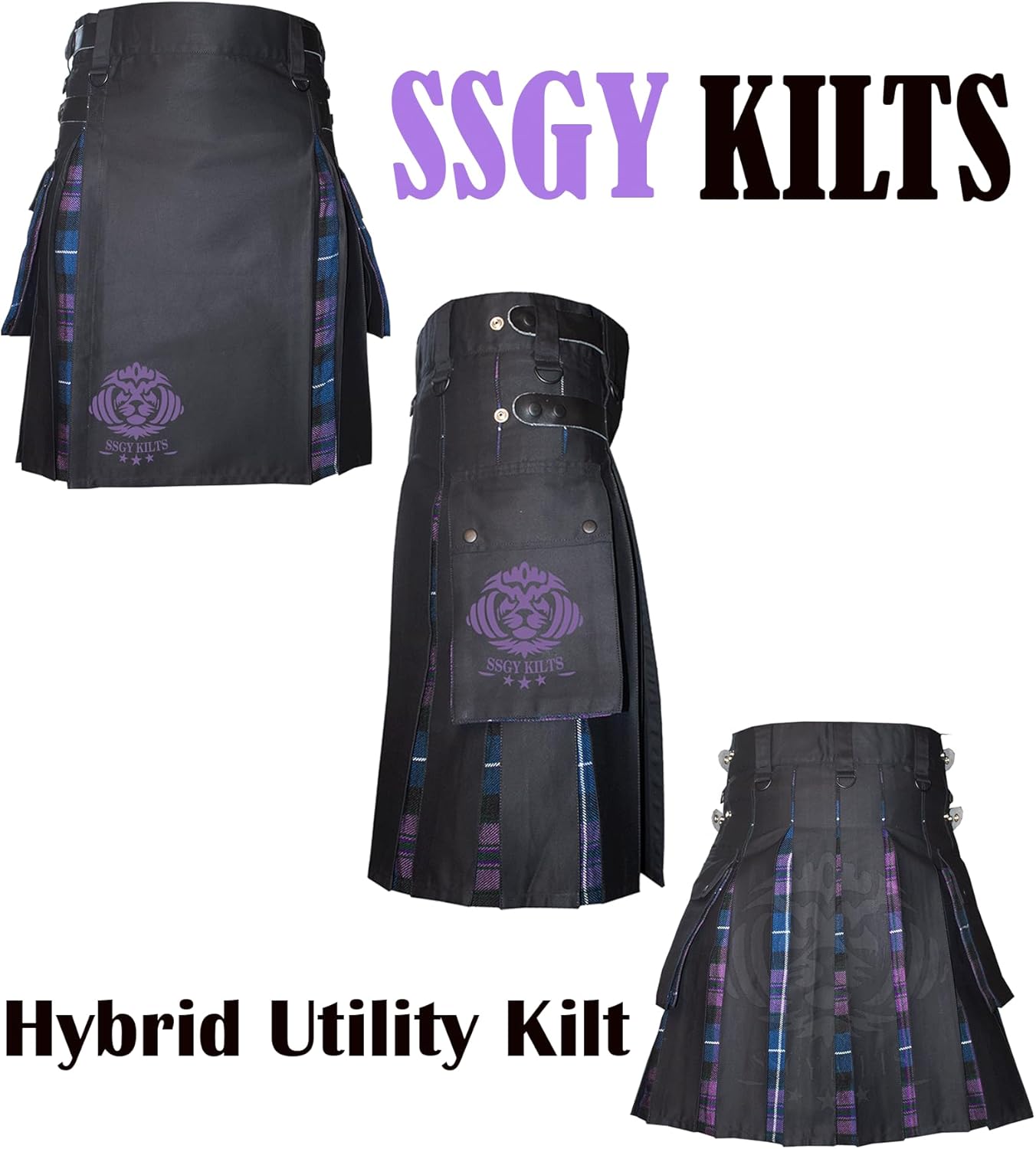 Modern Utility Kilts-Men'sScottish Hybrid Black Cotton & Acrylic Wool Tartan Utility Kilts with Leather Straps - Image 4