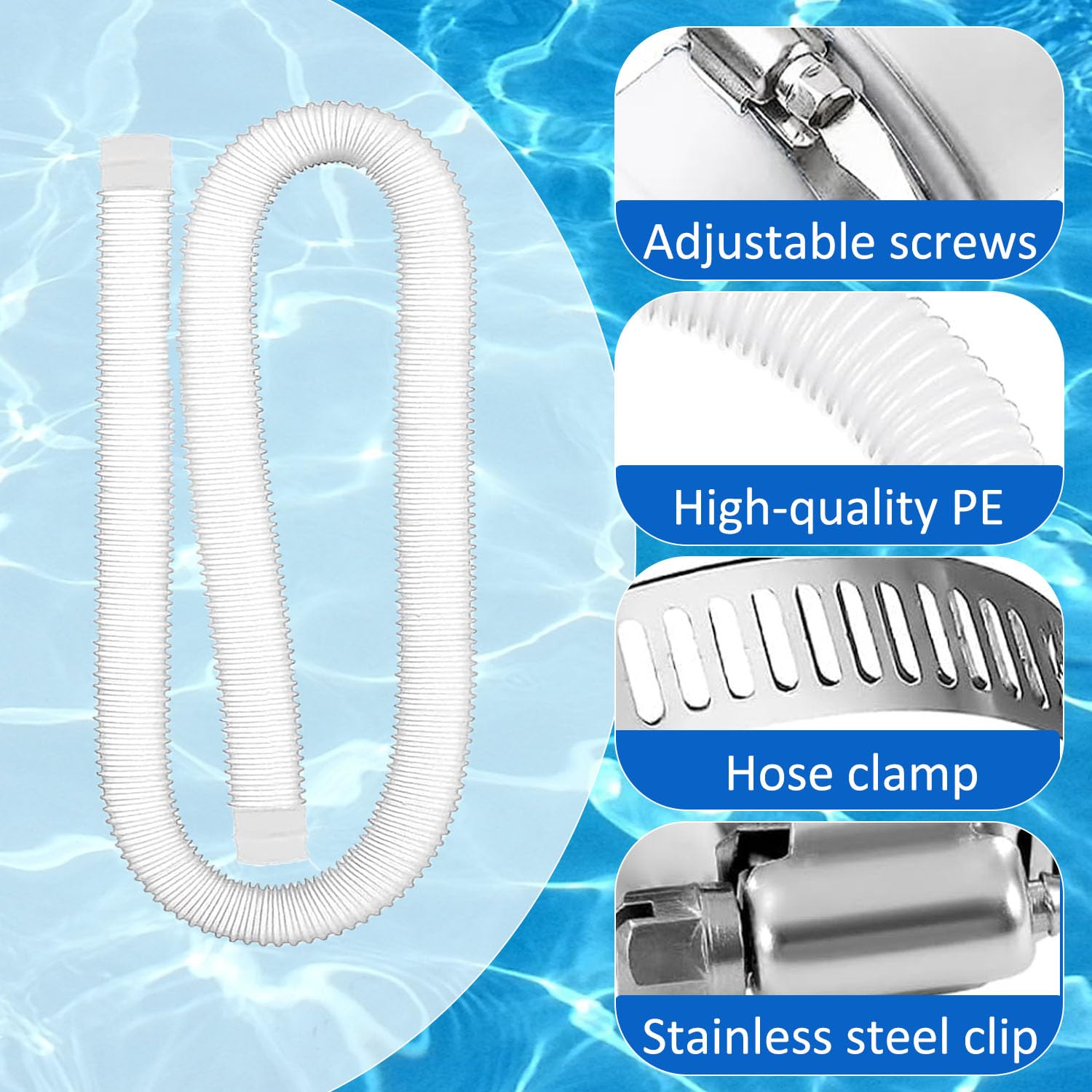 2 Pièces Tuyau Piscine 32mm,149,9cm Tuyau Piscine avec 4 Pinces Métalliques,pour Pompe à Filtre Eau Arrosage Bassin Piscine Hors Sol,pour Intex 530 GPH et 1000 GPH(Blanc)