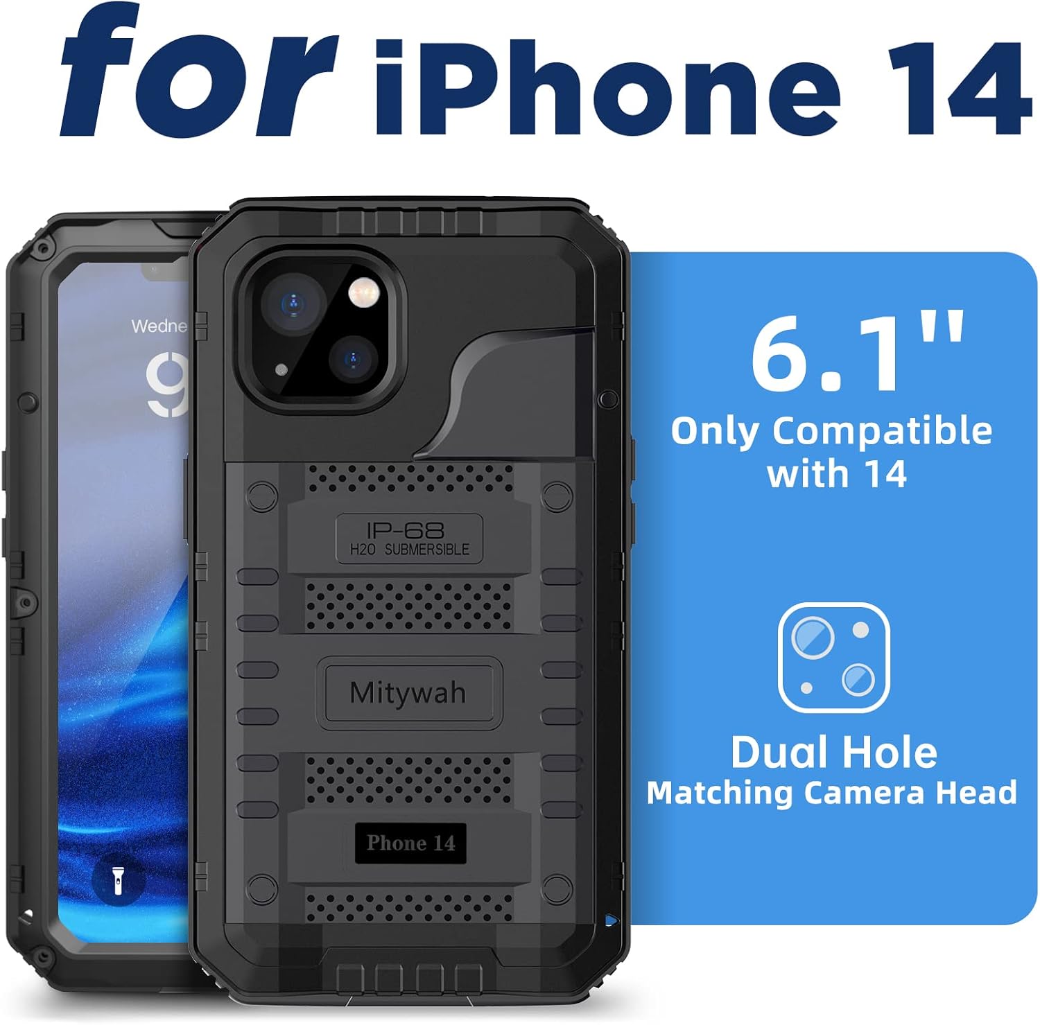 Mitywah Waterproof Case for iPhone 14, Heavy Duty Shockproof Case with Built-in Screen Protector, Full Body Underwater Protective Metal Case 6.1 inch, Black - Image 2