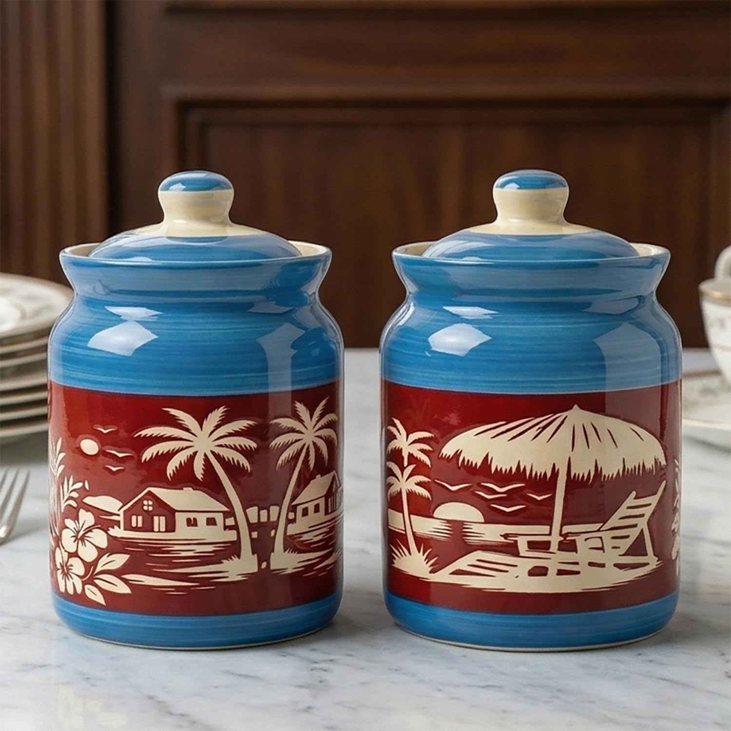 Ceramic Handmade Pickle Jars in 1000ml (set of 2) | Handpainted Floral Bale 1 kg Achaar Martban | Ceramic Jadi for Kitchen Storage (Set of 2) | Jars for Achar, Spices, Salt (HandPainted Scenery Jars)
