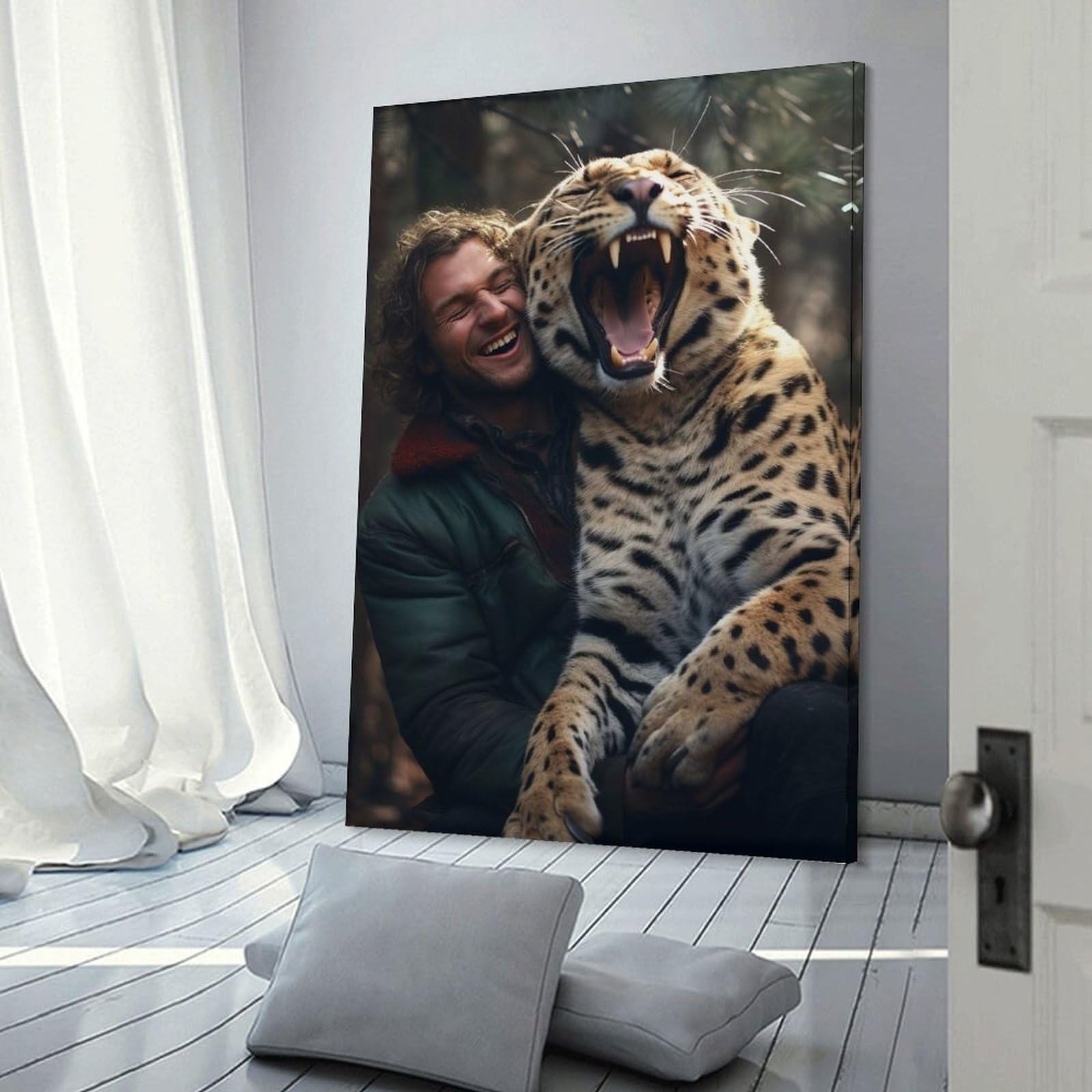 Junmoney Happy Leopard Canvas Wall Art, 16x24inch(40x60cm), for Bedroom, Guest Room Or Reading Nook, Decorative Wall Art for Cosy Rooms