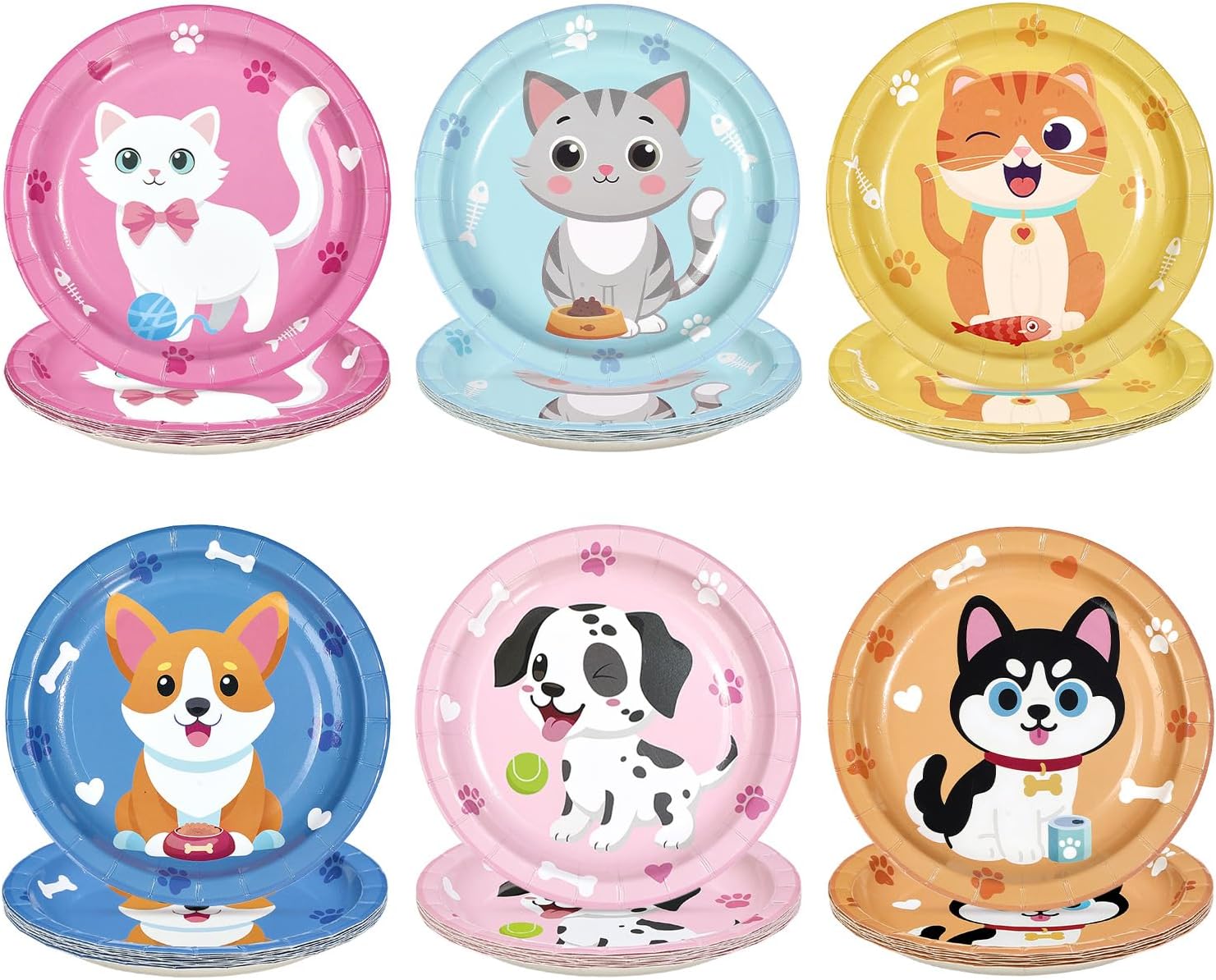 60 Pcs Cat and Dog Theme Paper Plates 7" Disposable Heavy Duty Cartoon Kitten Puppy Dessert Plates Cute Paw Pet Animal Party Tableware Set for Kids Birthday Baby Shower Party Decorations
