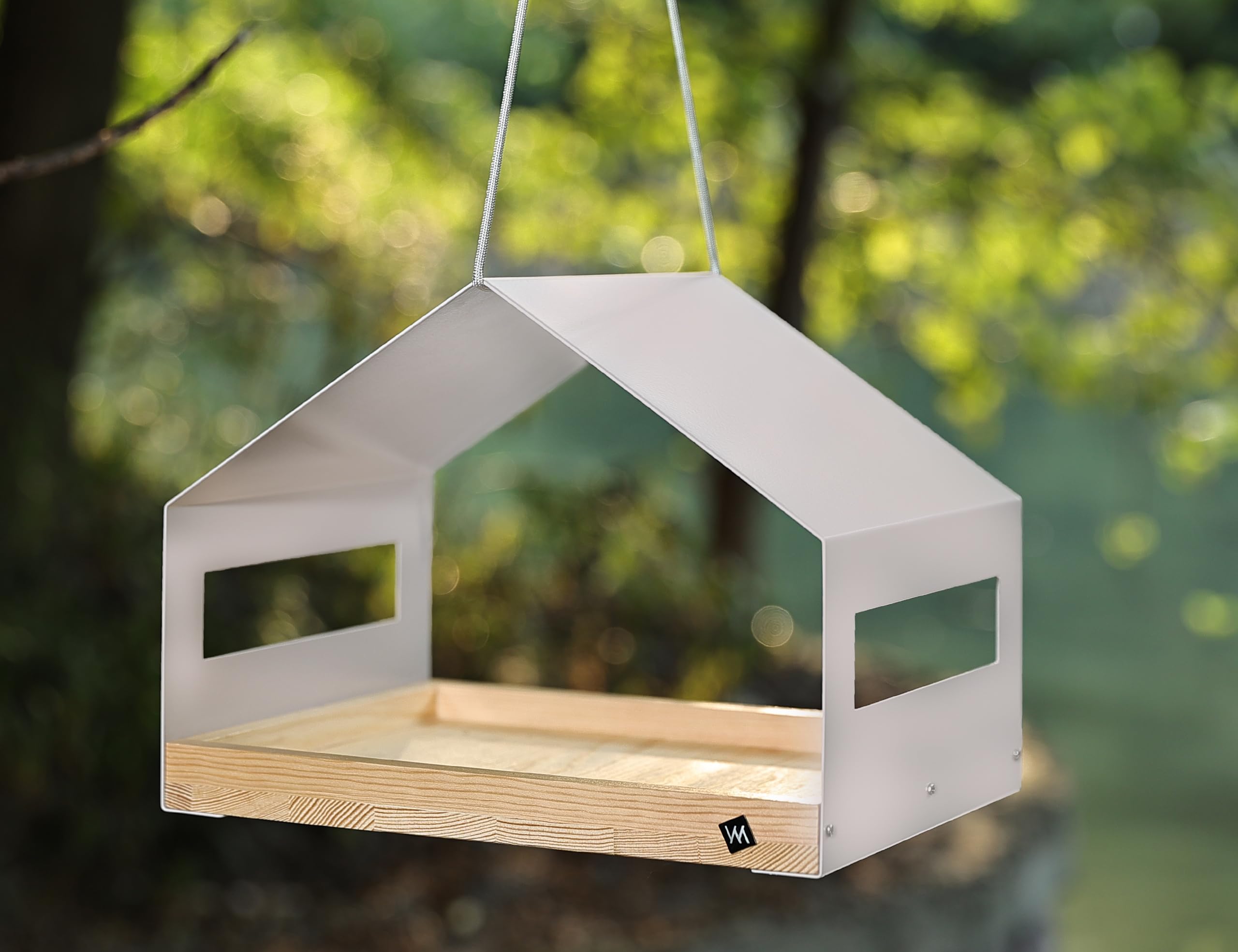 Großes Design Vogelhaus aus Metall und Holz wetterfest zum Aufhängen, modernes Vogelfutterhaus XL Metalldach hängend, Vogelhäuschen Futterhaus für Vögel, Edelstahl Kiefer, grau-beige