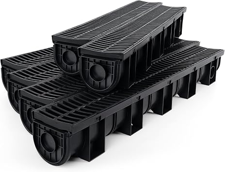 Trench Drain System, Channel Drain with Plastic Grate, 5.9x5.1-Inch HDPE Drainage Trench, Black Plastic Garage and GardenDrain, 6x39 Trench Drain Grate, with 6 End Caps,Convenient Assembly6 Pack