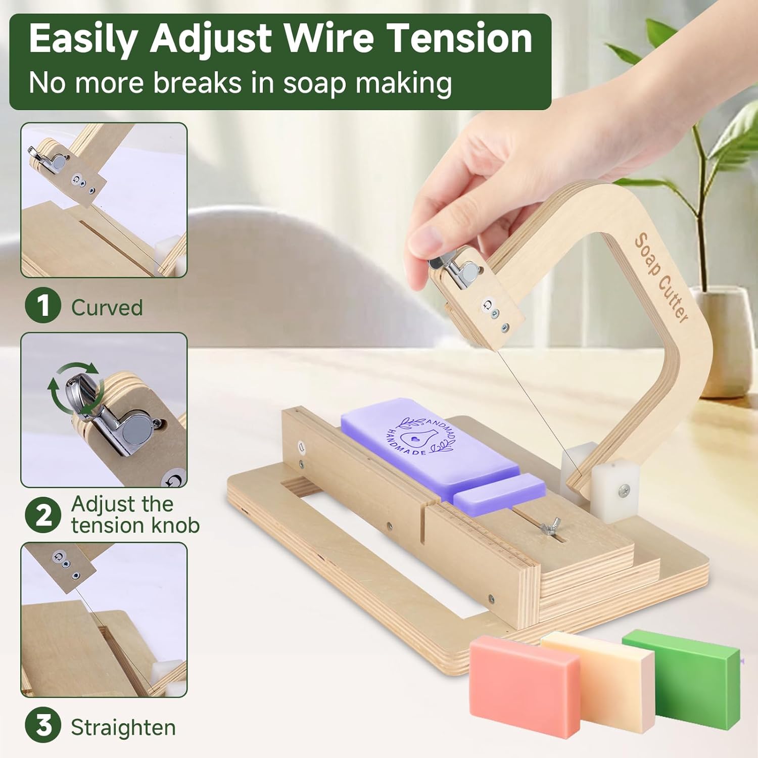 Soap Cutter, Wooden Soap Cutter Adjustable Wire Slicer Cutting Tool for Handmade Soap, Cheese & Candles DIY Soap Cutting (Wood)