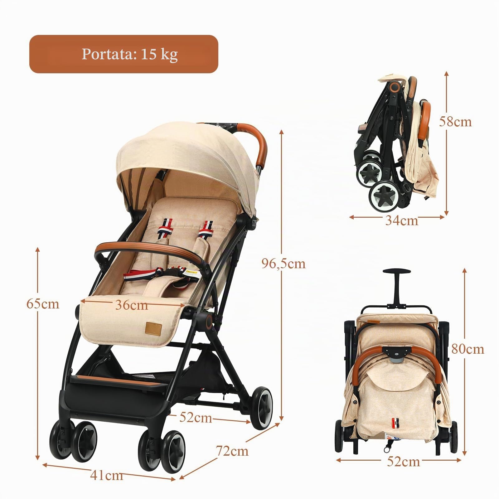 LIFEZEAL Passeggino Ultraleggero per Bambini 0-36 Mesi, Passeggino Compatto a Ombrello, per Viaggio, Aereo, Pieghevole, Regolabile, con Cintura di Sicurezza, Ruote, Freno, Parasole, Cesto, Beige