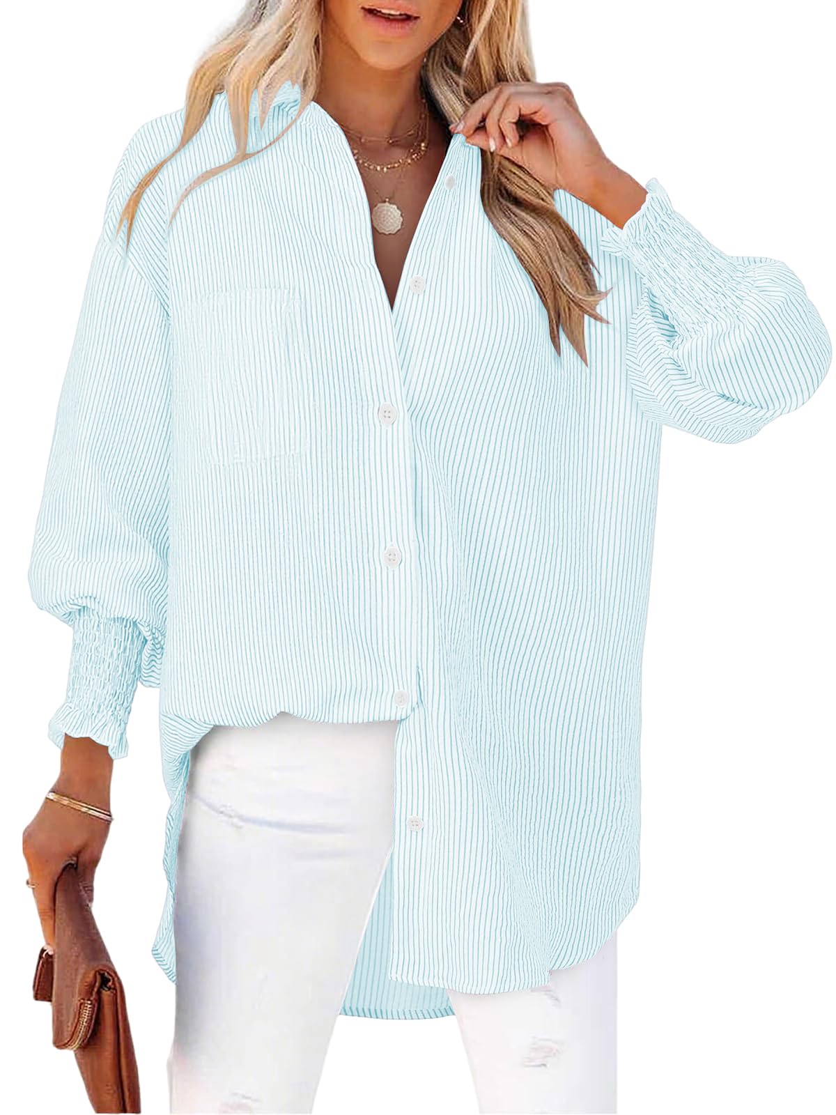 Cuptacc Bluse Damen Elegant V Ausschnitt Langarm Knöpfen Blusen Damen Gestreifte Brusttasche Oberteile
