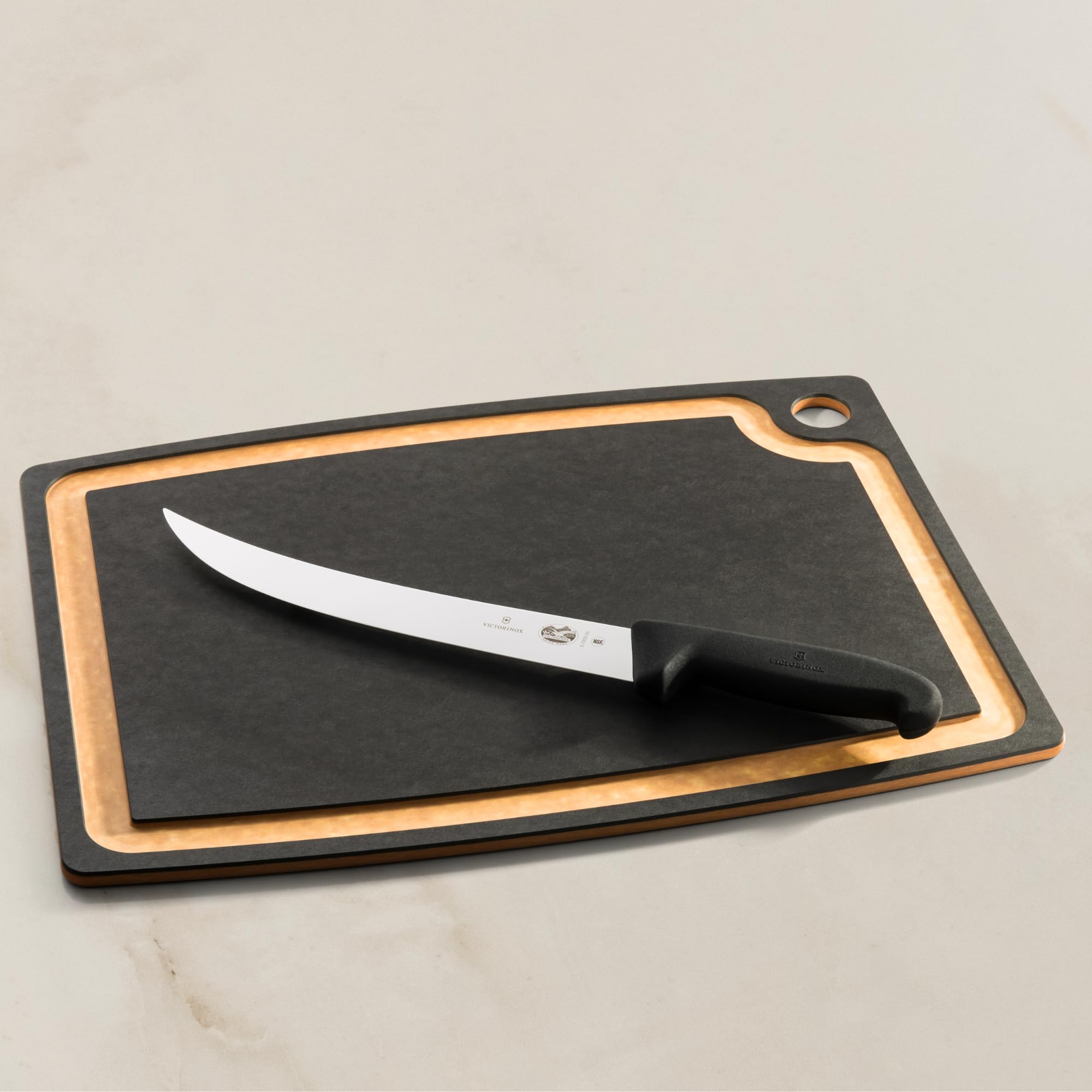 Victorinox Fibrox Schlachtmesser, Langes Zerlegemesser zum Zerteilen großer Fleischstücke, 25 cm, Gebogene Klinge, Scharf, Rostfreier Stahl, Schwarz