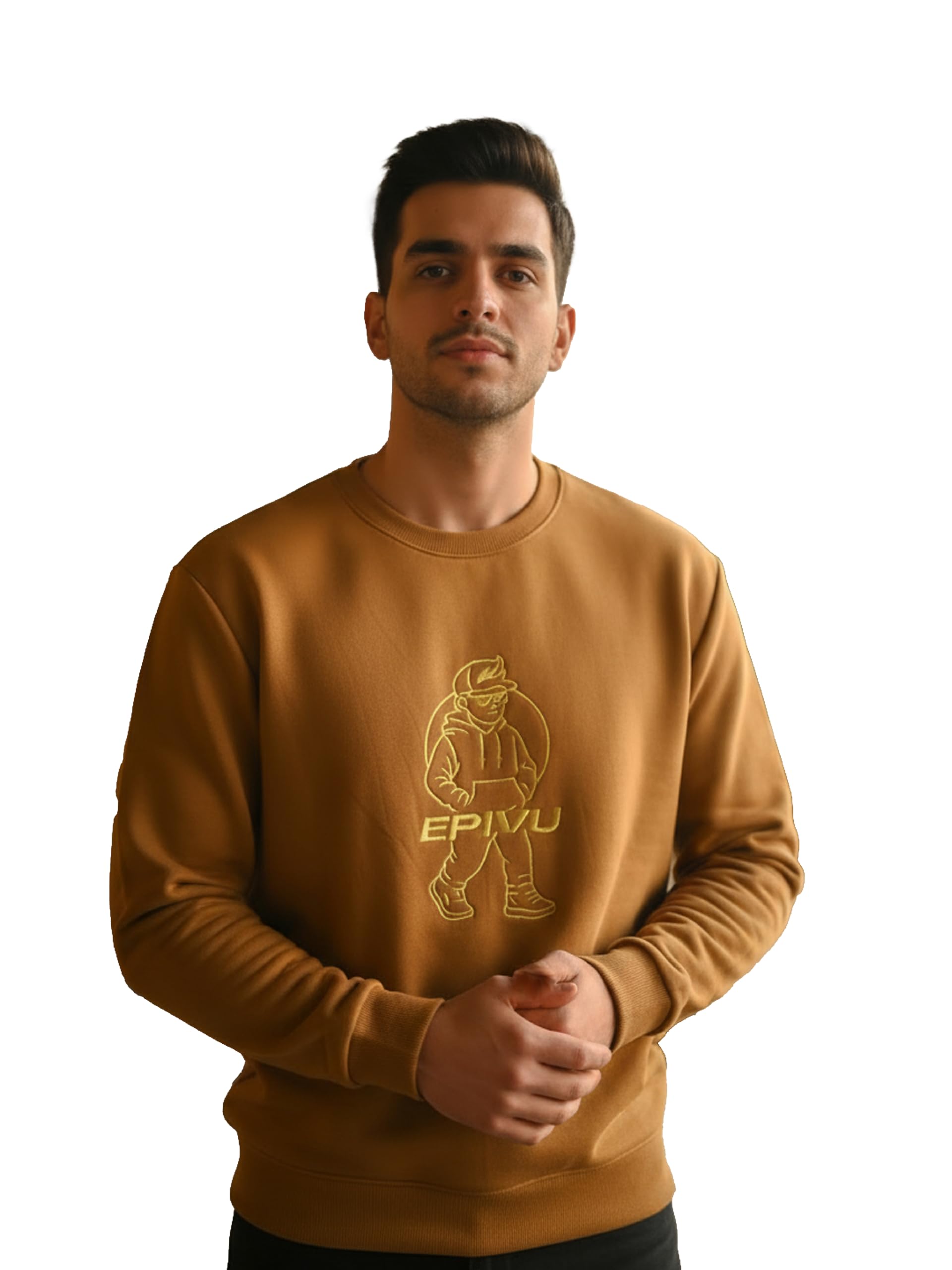 epivu Men's Sweatshirt, Premium Cotton-Rich Fabric, Earth-Tone Mustard, Embroidered Logo, Relaxed Fit, Long Sleeve-picture-41
