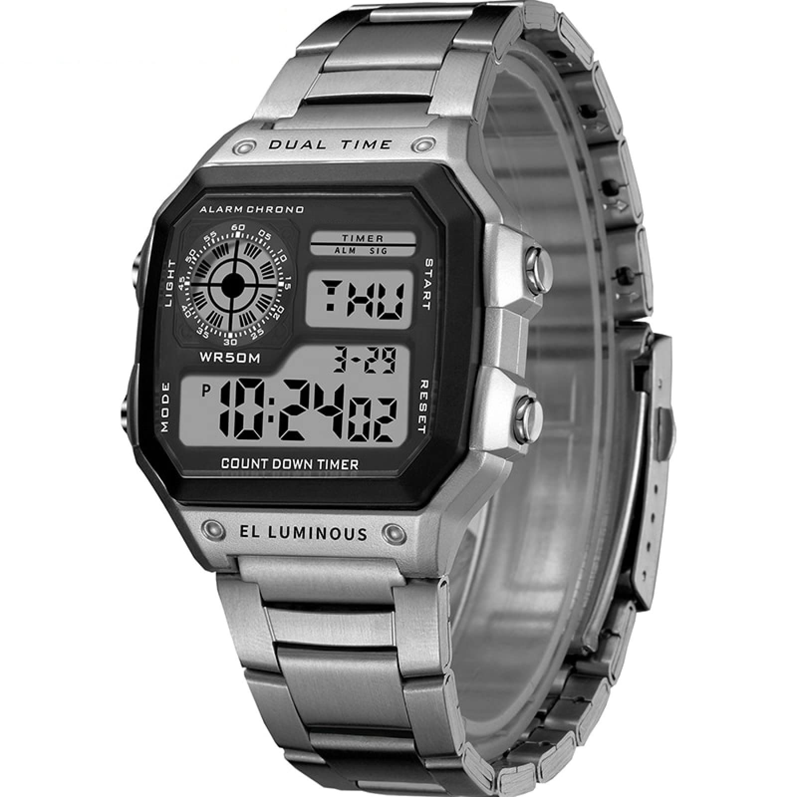 Digital Sports Square Black Dial Stainless Steel Strap Unisex Watch (Black Dial & Silver Colored Strap) -WCH53