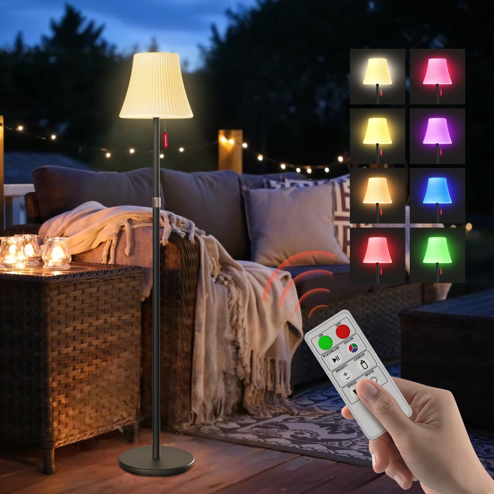 Mojimdo Solar Stehlampe IP65, RGB 7 Farben, 3-stufig Warmweiß dimmbar, mit Dämmerungssensor & Fernbedienung, höhenverstellbare, kabellose LED Stehleuchte – für Garten, Balkon, Terrasse & Außenbereich