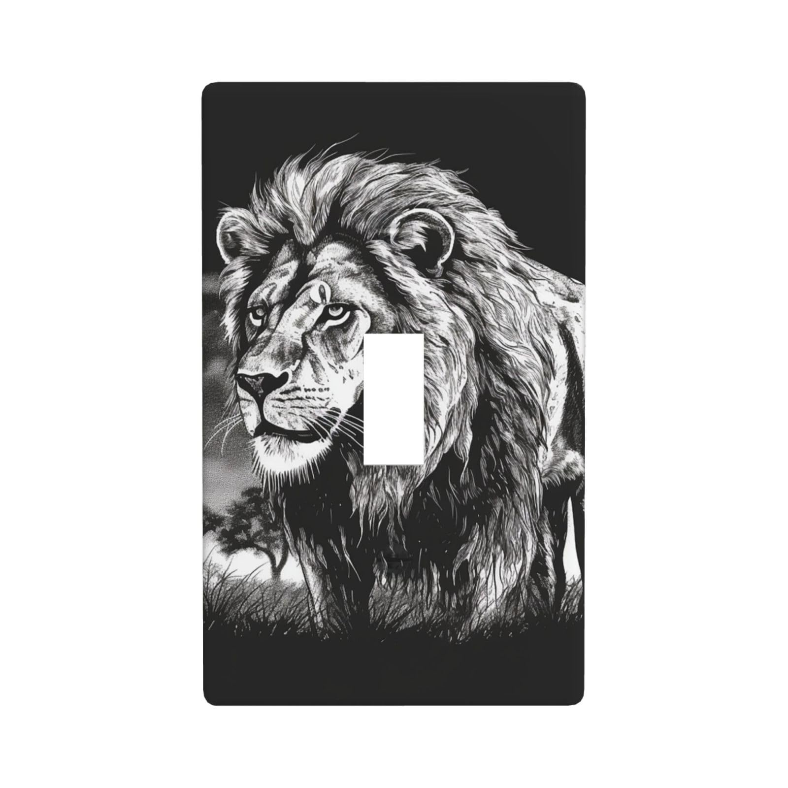 Nonhai Lion Black White Illustration Decorator Wall Plate Cover Single Toggle Light Switch Cover Wallplates Blank Electrical Rocker Switch Plate Covers For Electrical Outlets Decorative 1 Gang 4.5" X 2.76"