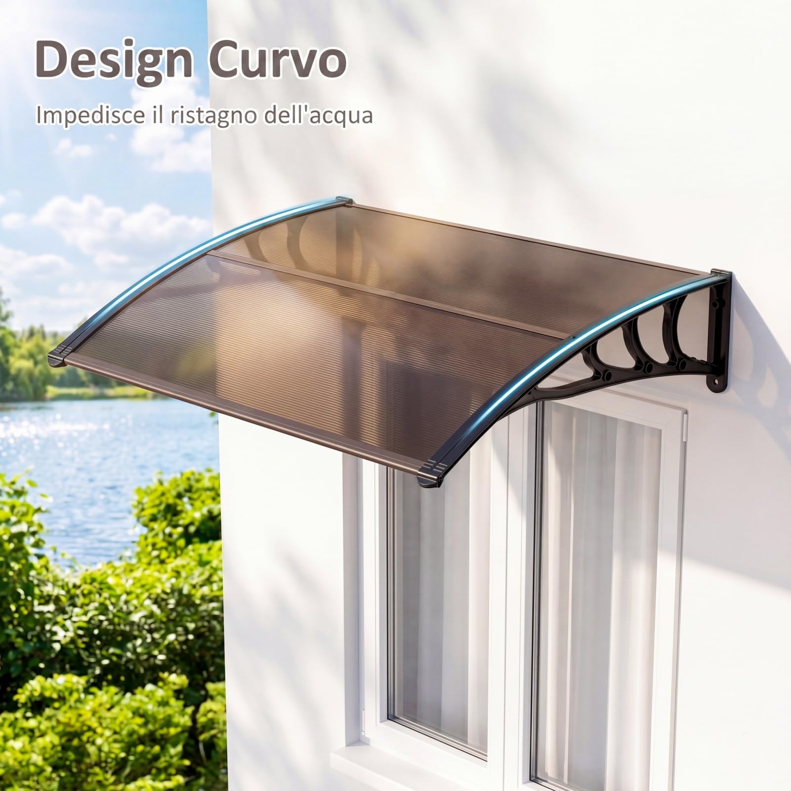 COSTWAY Pensilina Tettoia per Porta, Tettoia Parasole per Ingresso in Policarbonato, Robusta Barra di Fissaggio in Alluminio, Facile da Installare, per Finestra, Balcone, 100 x 75,5 x 23 cm (Marrone)