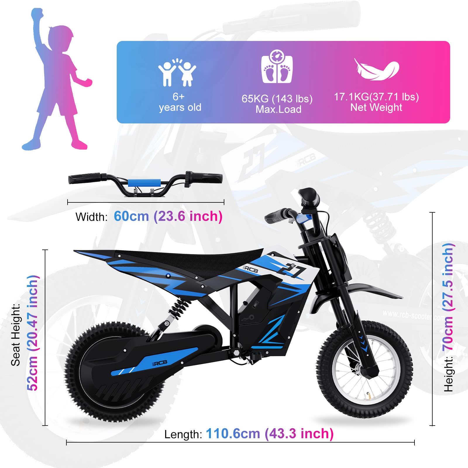 RCB Dziecięce motocykle elektryczne, opony pneumatyczne 12 cali, silnik o wysokiej wydajności, 3 tryby8/12/25KMH, maks. autonomia 15 KM, rower motocyklowy krzyż dla dzieci w wieku 3-12 lat