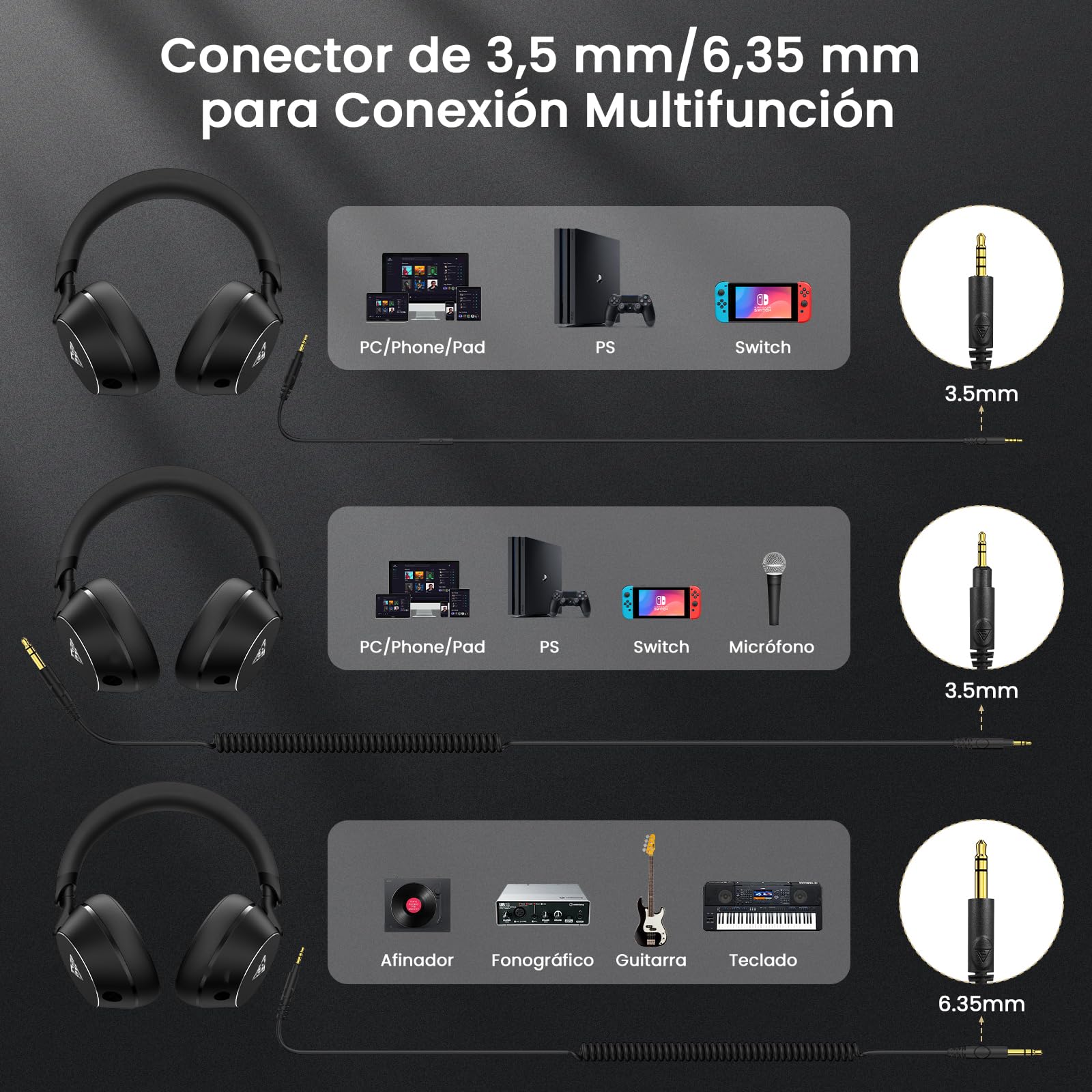 DOQAUS Auriculares DJ con Cable, Estéreo de Mezcla y Monitor de Estudio, 50mm Controladores,2 Cables (3.5 y 6.35mm) Conector de Audio para PC AMP Grabación de Teléfono Piano Guitarra, Negro