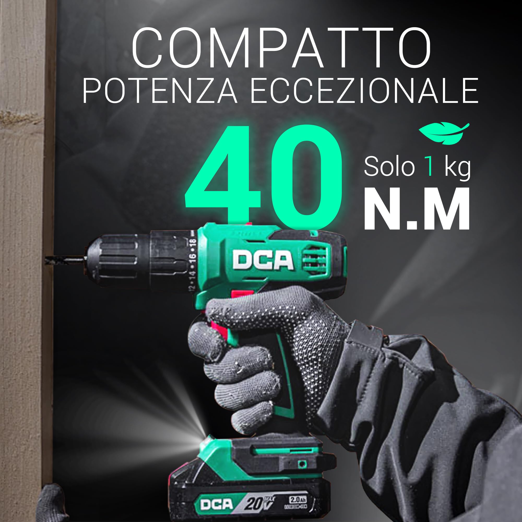 DCA Trapano a percussione a batteria 20V, 40 Nm, mandrino autoserrante da 13mm, 22500 colpi/min, 2 velocità variabili, 18+1+1, trapano a percussione con 14 punte per muratura, metallo e legno