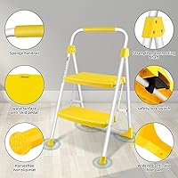 Vista 6 de Escalera de 2 escalones, taburete plegable con pedal antideslizante ancho, escalera de acero resistente de 500 libras, mango práctico, ligero