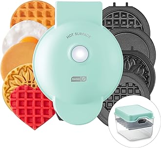 Dash MultiMaker® Mini Maker System - Compact Waffle Maker for Family Breakfasts - Removable Griddle Plates & nonstick surface - 6 Plates & Storage Case - Aqua