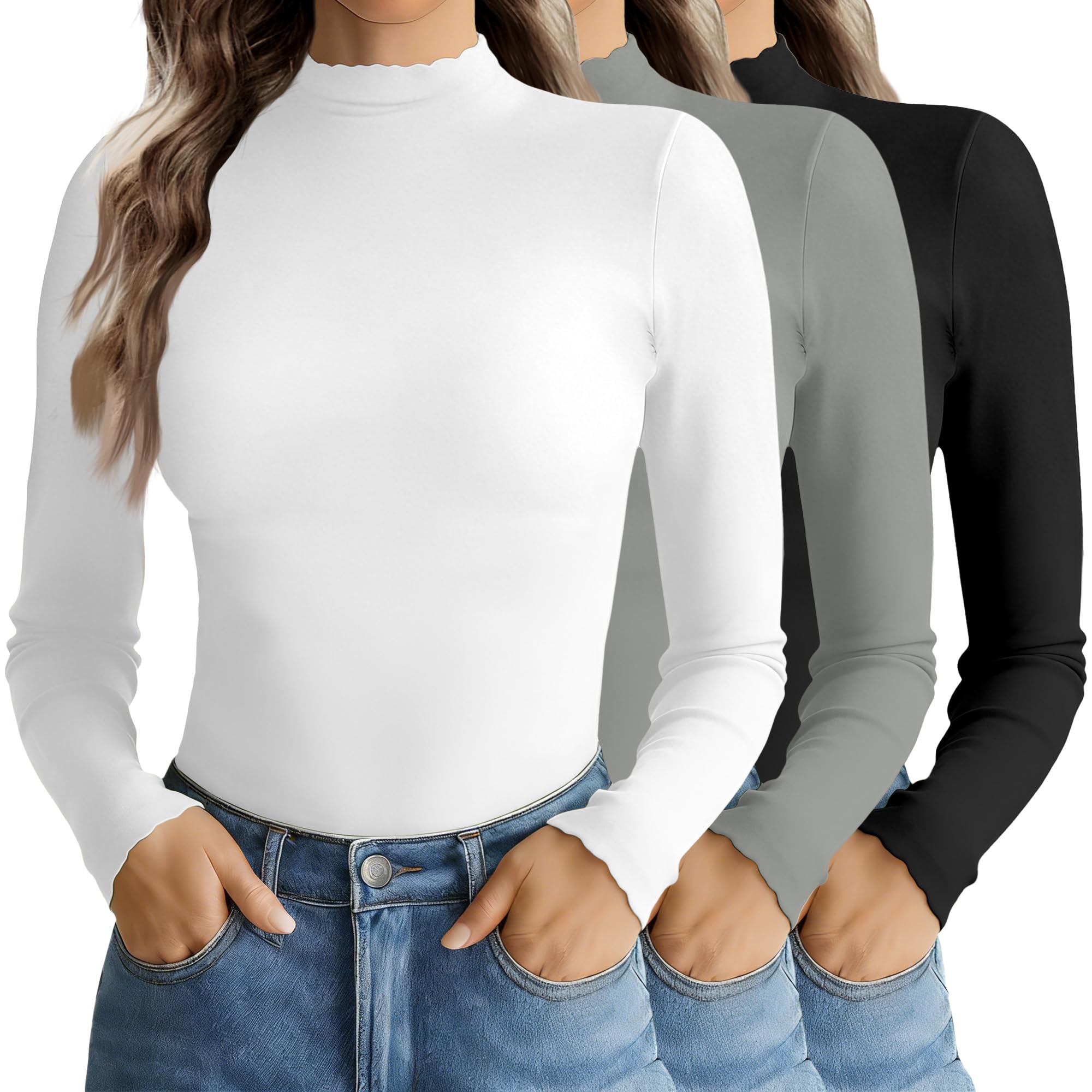 Mock Neck Tops for Women Turtleneck 3 Pack Thermal Long Sleeve Women Womens Undershirts Casual Turtle Neck Undershirt-image-23