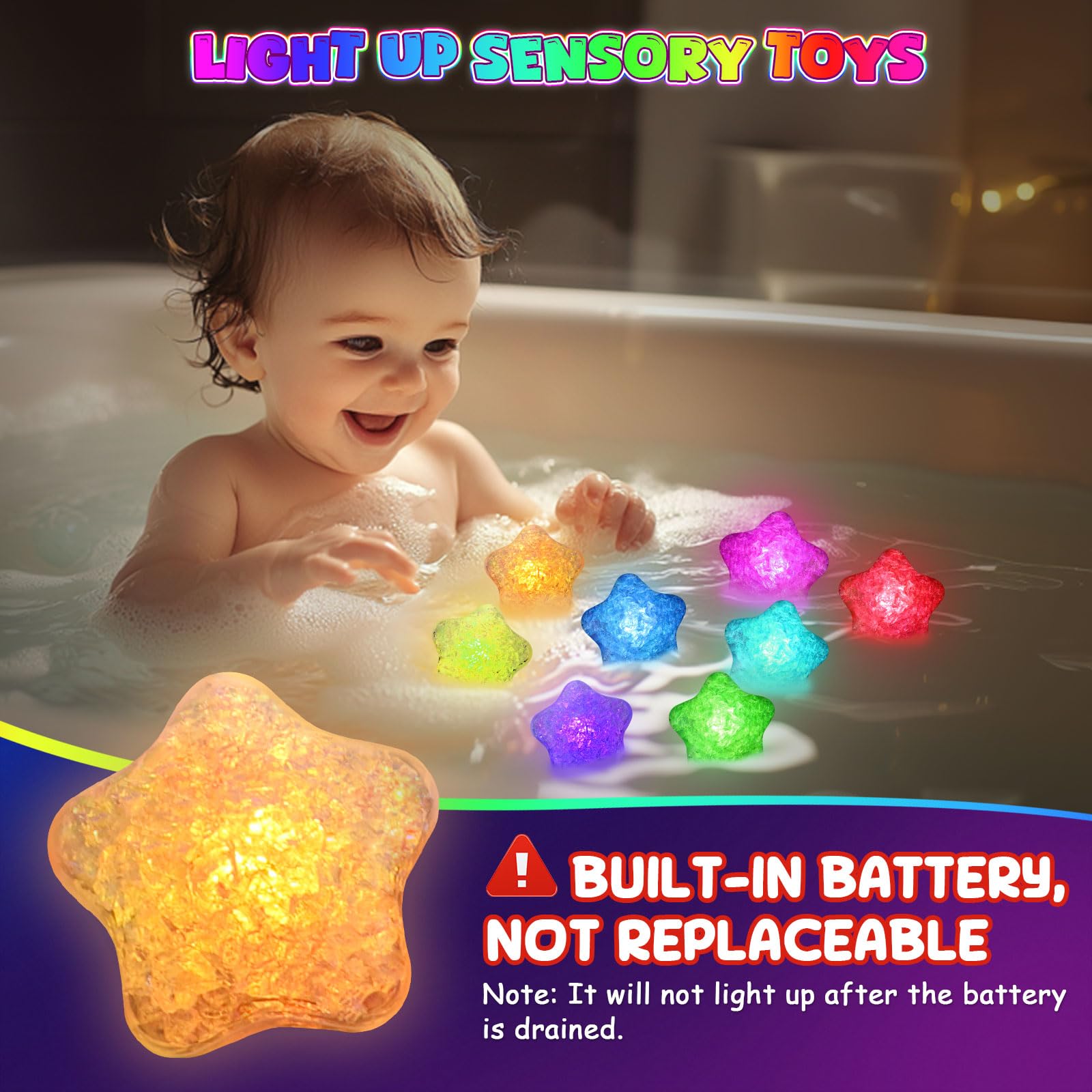 Light Up Bath Toys, 12PCS Colorful Stars Bath Toys, Kids Bath Toy with Led Sensory Lights - Image 2