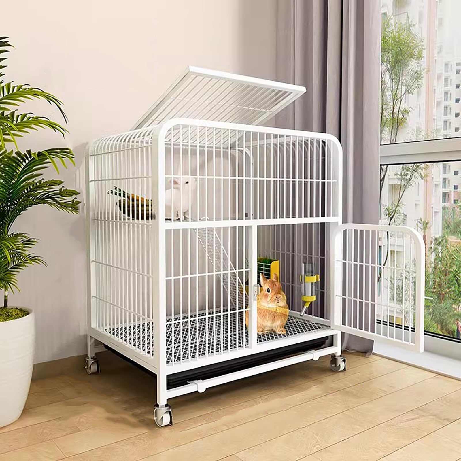 Rabbit Cage, Metal Indoor Small Animal Cage with Wheels and Tray, Large Bunny Cage for Pets