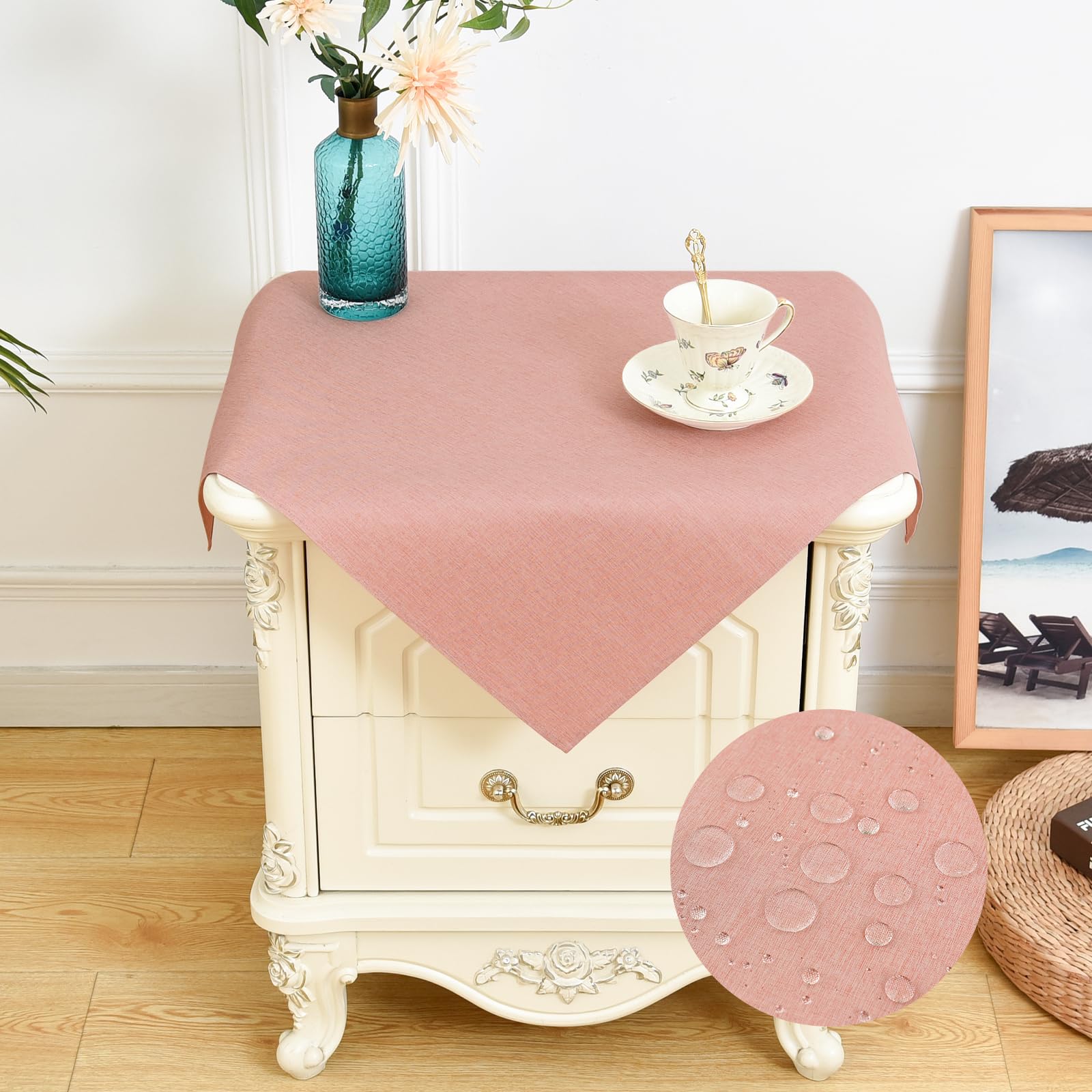 NEWISHER Farmhouse Water Resistant Small Square Tablecloth 60x60 cm (23x23 inch), Faux Linen Table Cloth Wipe Clean, Washable End Table Cover for Kitchen Dining, Party, Banquet Indoor Outdoor (Pink) — image 1