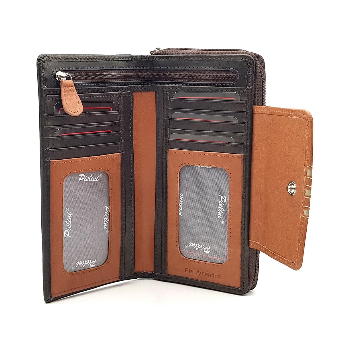 Pielini - Cartera Grande de Piel para Mujer con Billetera y Amplio Monedero. Tarjetero de Gran Capacidad Modelo 3191 (Marrón)