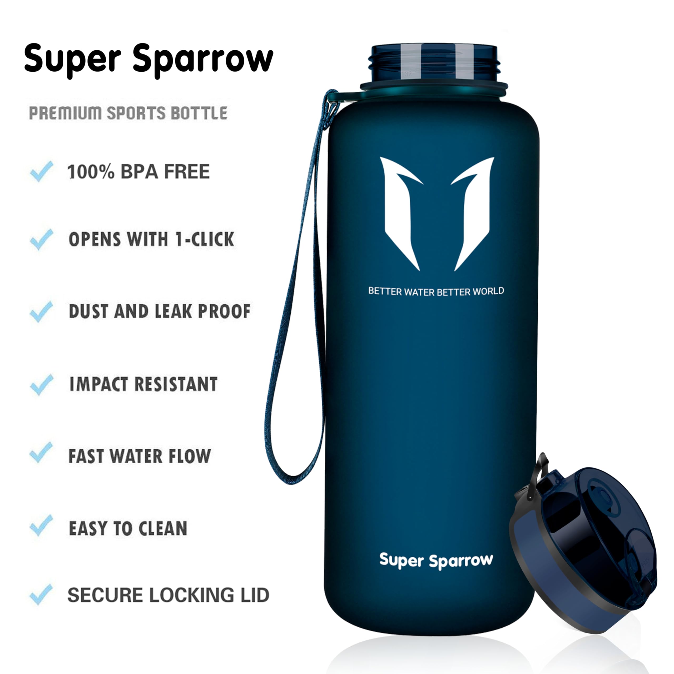 Super Sparrow Borraccia Sportiva & Bottiglia Bambini Senza Perdite - 1.5L Bottiglia Acqua Riutilizzabile di Grande Capacità - Senza BPA