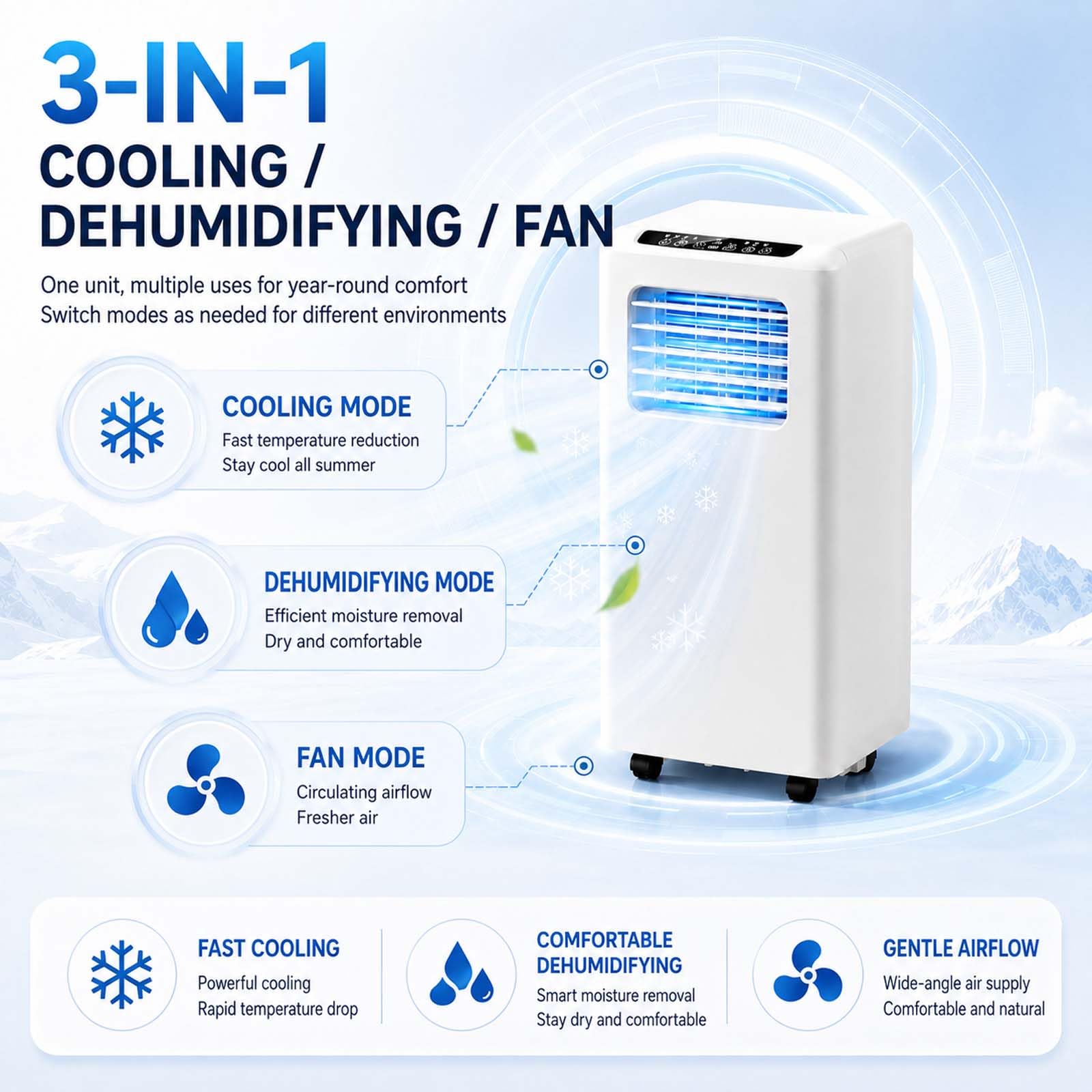 Condizionatore Portatile 3-in-1, con deumidificatore di Raffreddamento e Ventilatore, unità AC Intelligente, Display LED, Oscillazione 120° per casa e Ufficio