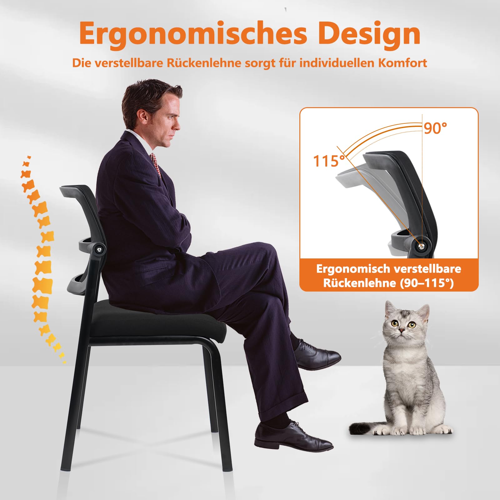CLATINA Stapelbarer Besucherstuhl ohne Armlehnen mit Verstellbarer Mesh-Rückenlehne ergonomischer Lendenunterstützung für Konferenz Wartezimmer Lobby Schule Schwarz 1er Pack